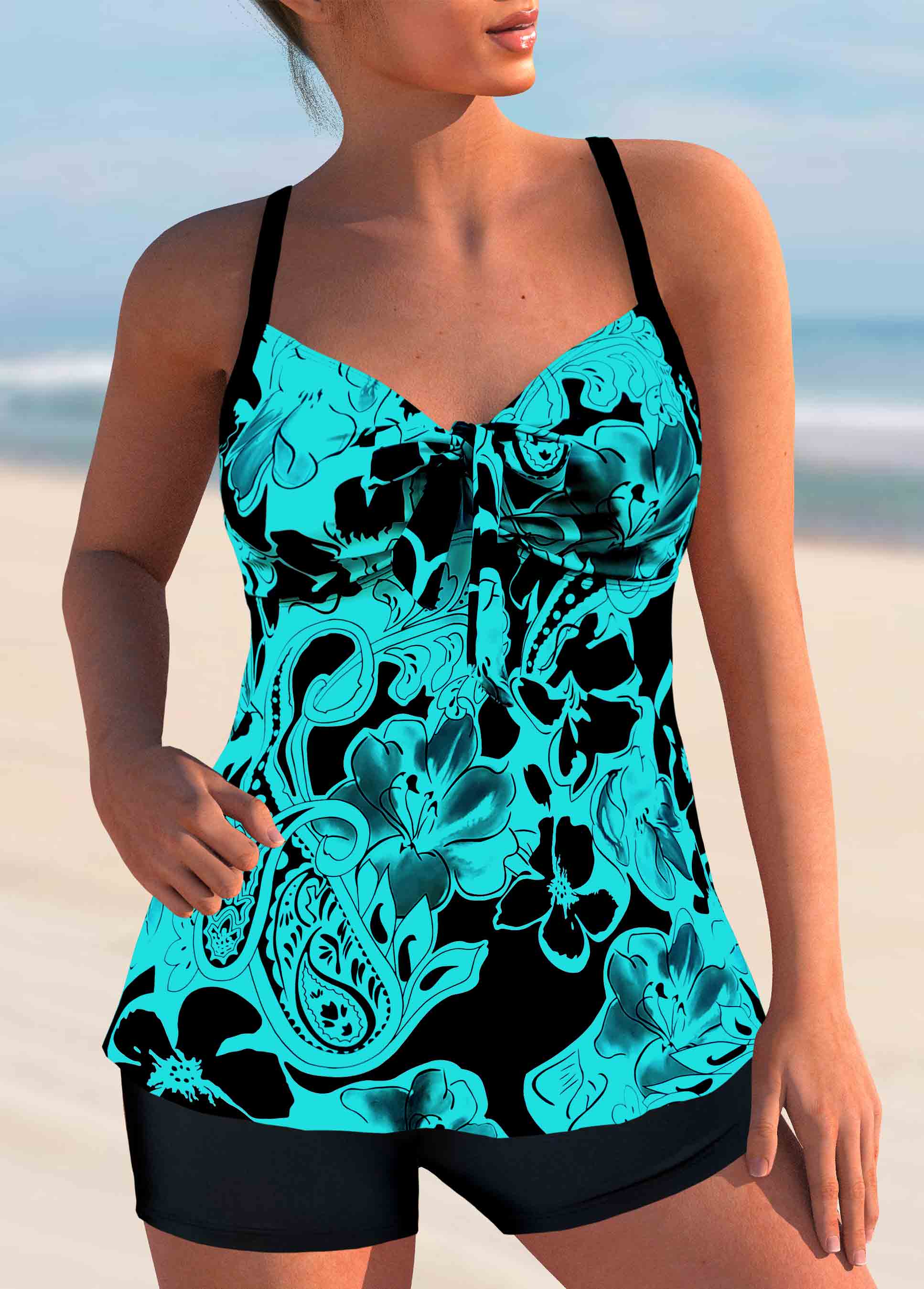 Cyan swimwear,Paisley swimwear,ROTITA Paisley Print Cyan Bowknot Tankini Set