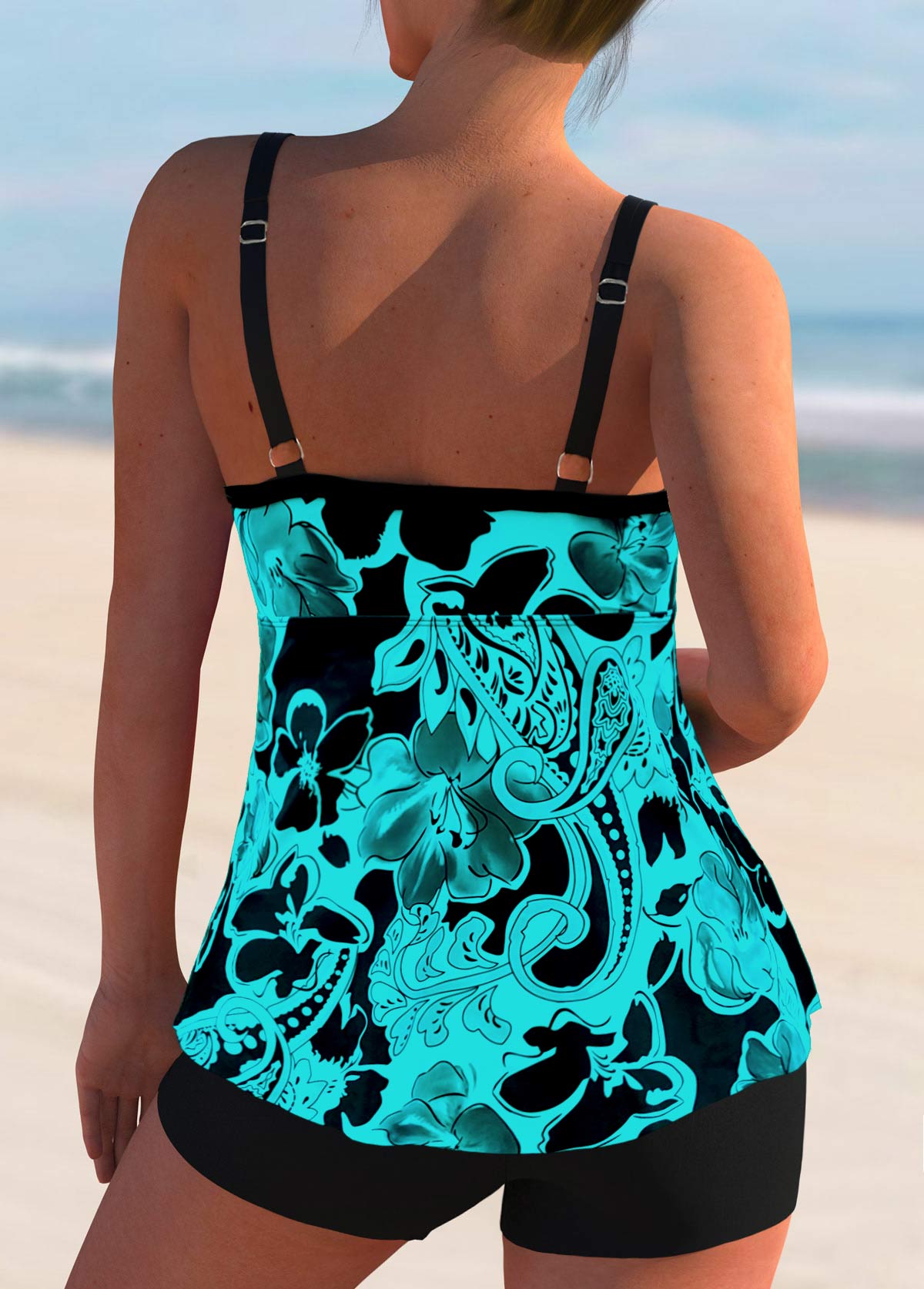 Cyan swimwear,Paisley swimwear,ROTITA Paisley Print Cyan Bowknot Tankini Set