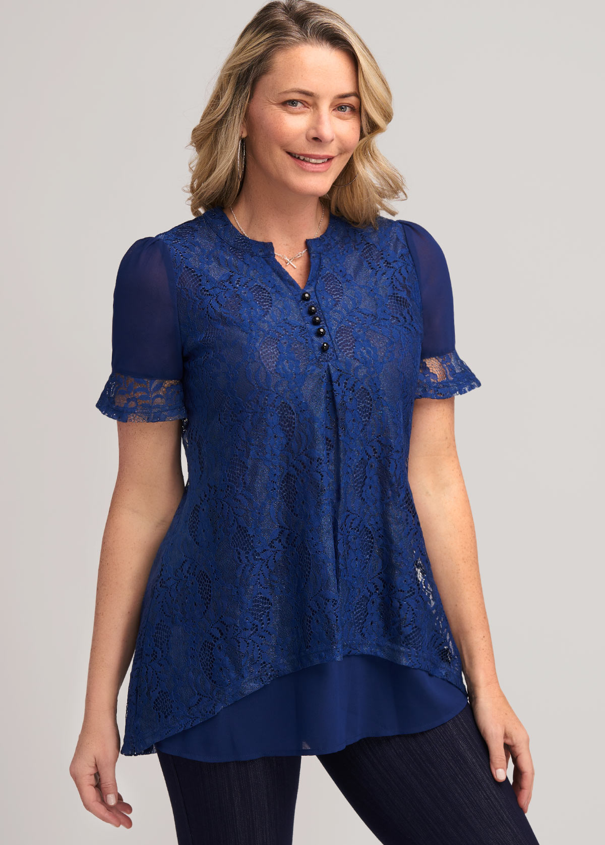 Navy tops,Plain Color tops,ROTITA Navy Blue Lace Stitching Split Neck T Shirt