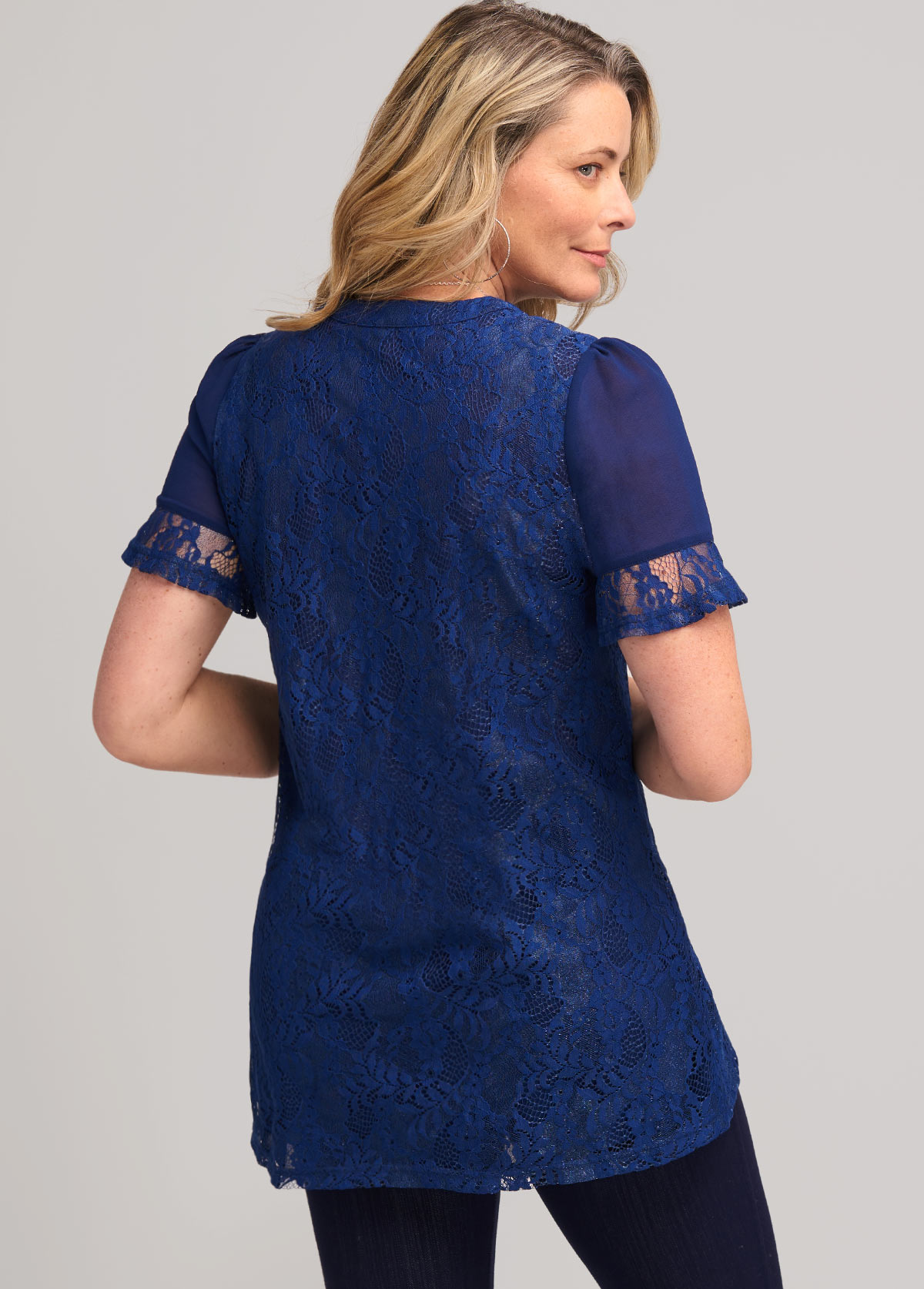 Navy tops,Plain Color tops,ROTITA Navy Blue Lace Stitching Split Neck T Shirt