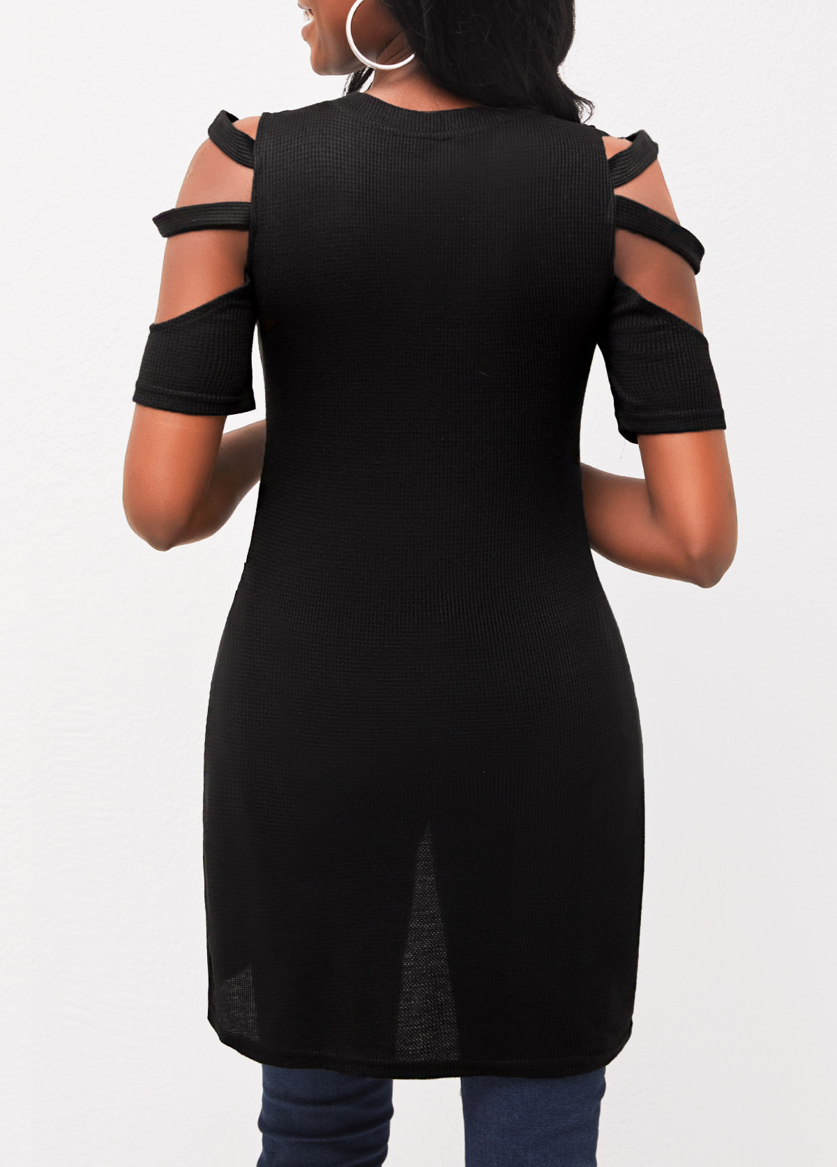 Black tops,Plain Color tops,Ladder Cutout Grommet Asymmetric Hem Black Blouse