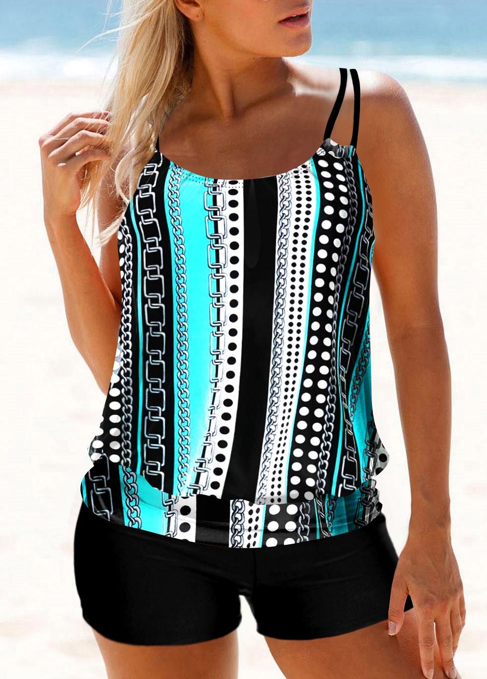 ROTITA Polka Dot Cyan Double Straps Striped Tankini Top-No Bottom