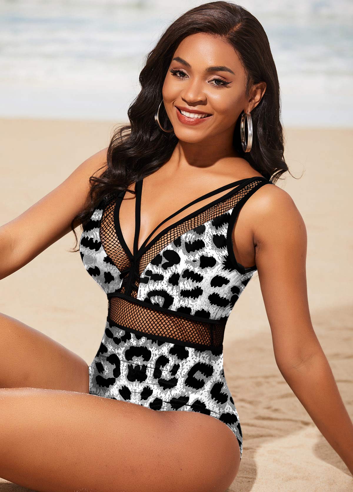 Black swimwear,Leopard swimwear,ROTITA Fishnet Panel Leopard Black One Piece Swimwear