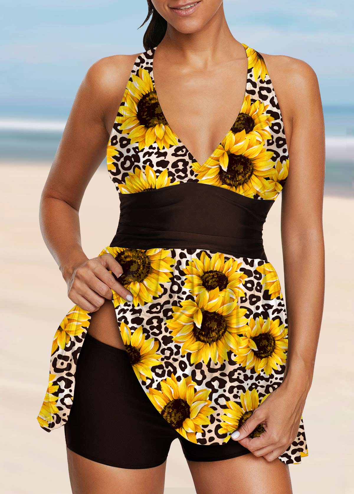 ROTITA Yellow Cross Strap Sunflower Print Swimdress and Shorts