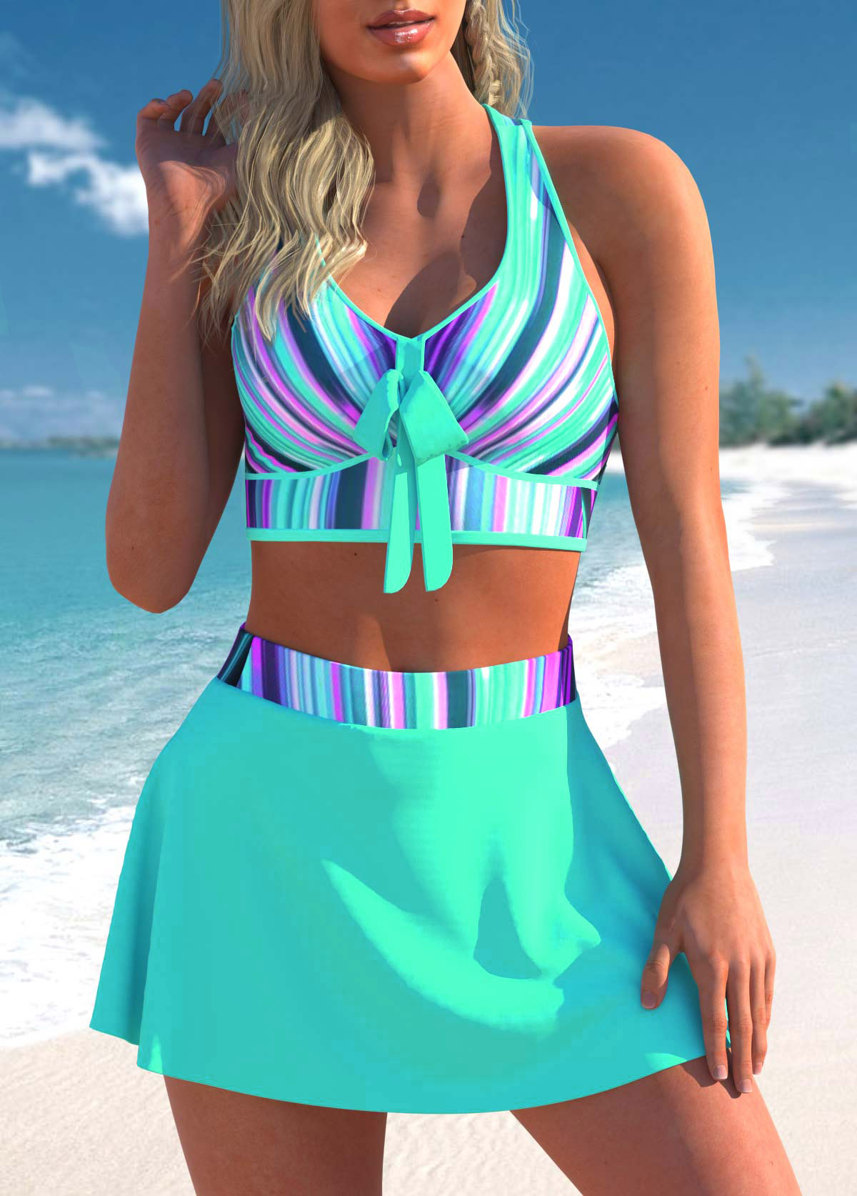 Cyan plus size,Striped plus size,ROTITA Plus Size Striped Cyan Ombre Cross Strap Bikini Set