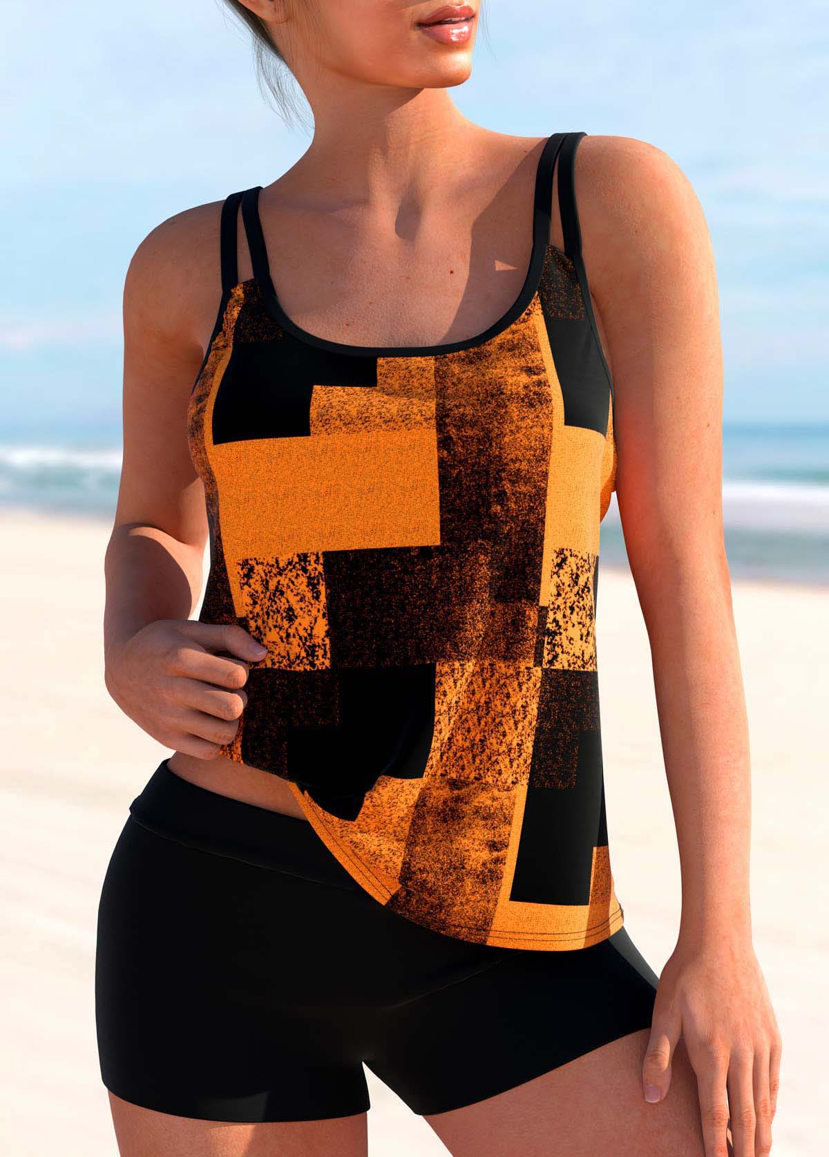 Orange swimwear,Geometric swimwear,ROTITA Double Straps Geometric Print Orange Tankini Top