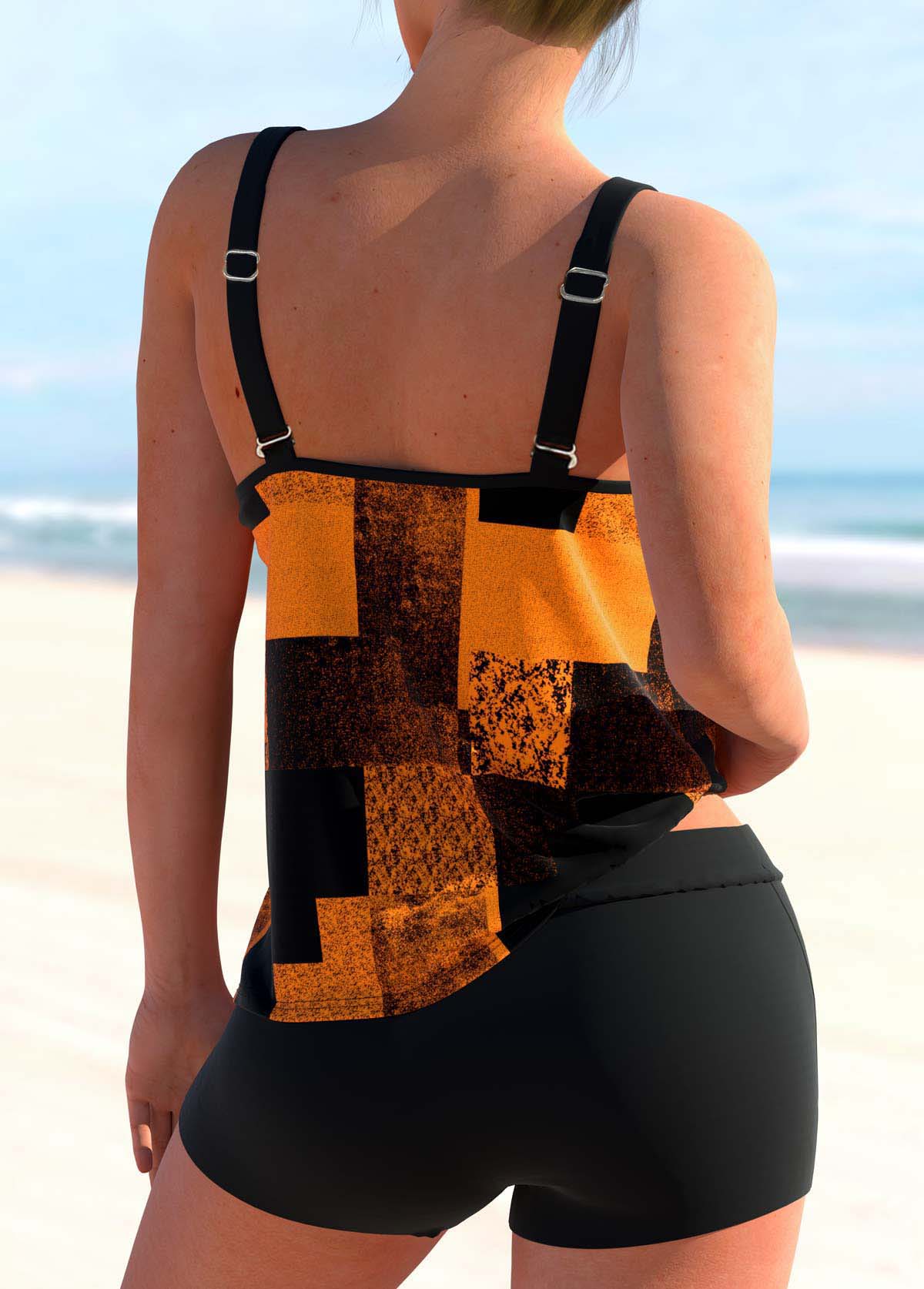 Orange swimwear,Geometric swimwear,ROTITA Double Straps Geometric Print Orange Tankini Top