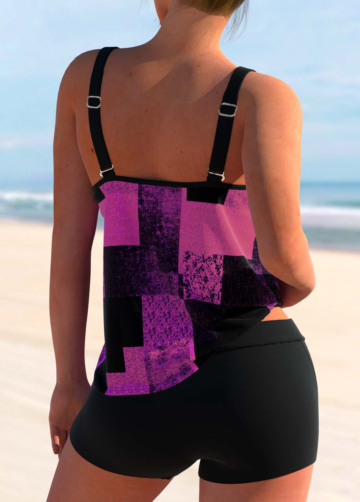 Purple swimwear,Geometric swimwear,ROTITA Geometric Print Purple Double Straps Tankini Top