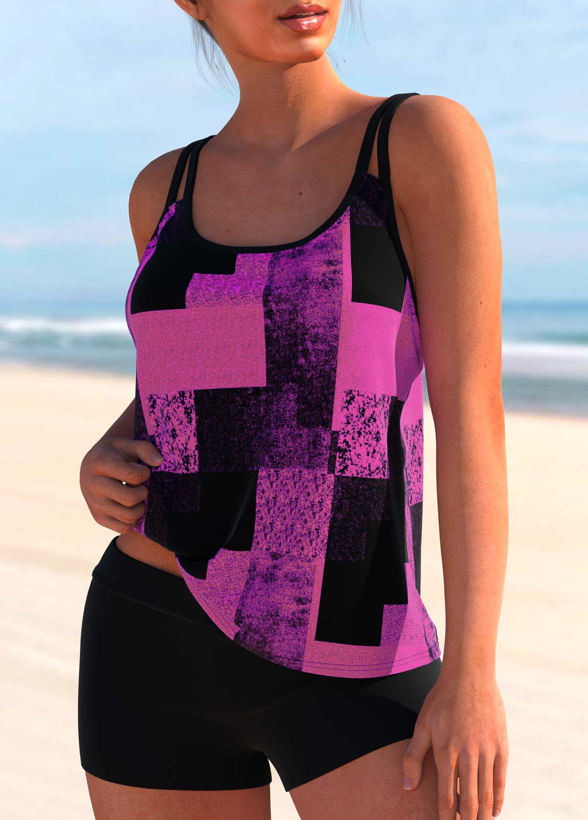 Purple swimwear,Geometric swimwear,ROTITA Geometric Print Purple Double Straps Tankini Top