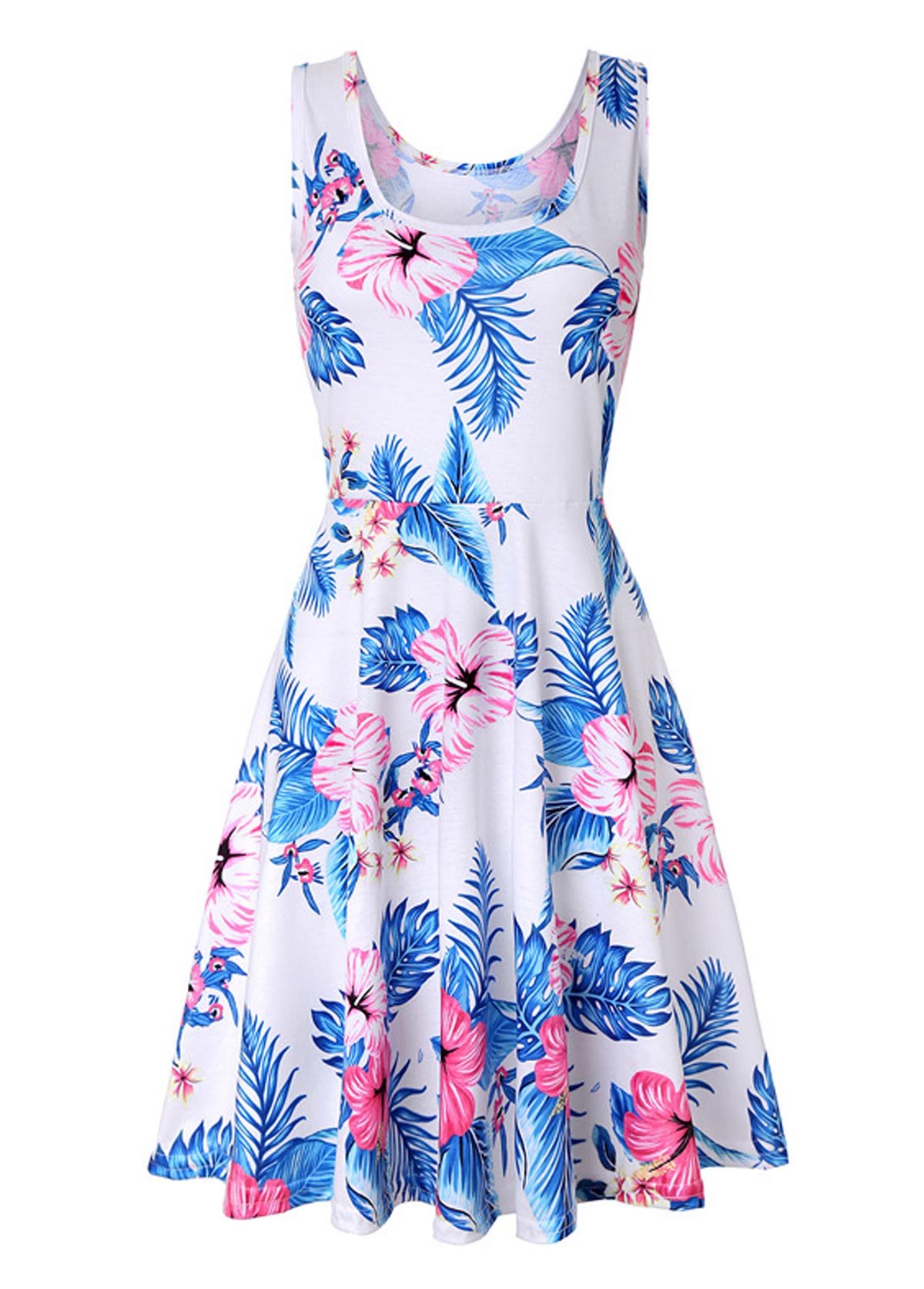 White Sleeveless Floral and Leaf Print Dress