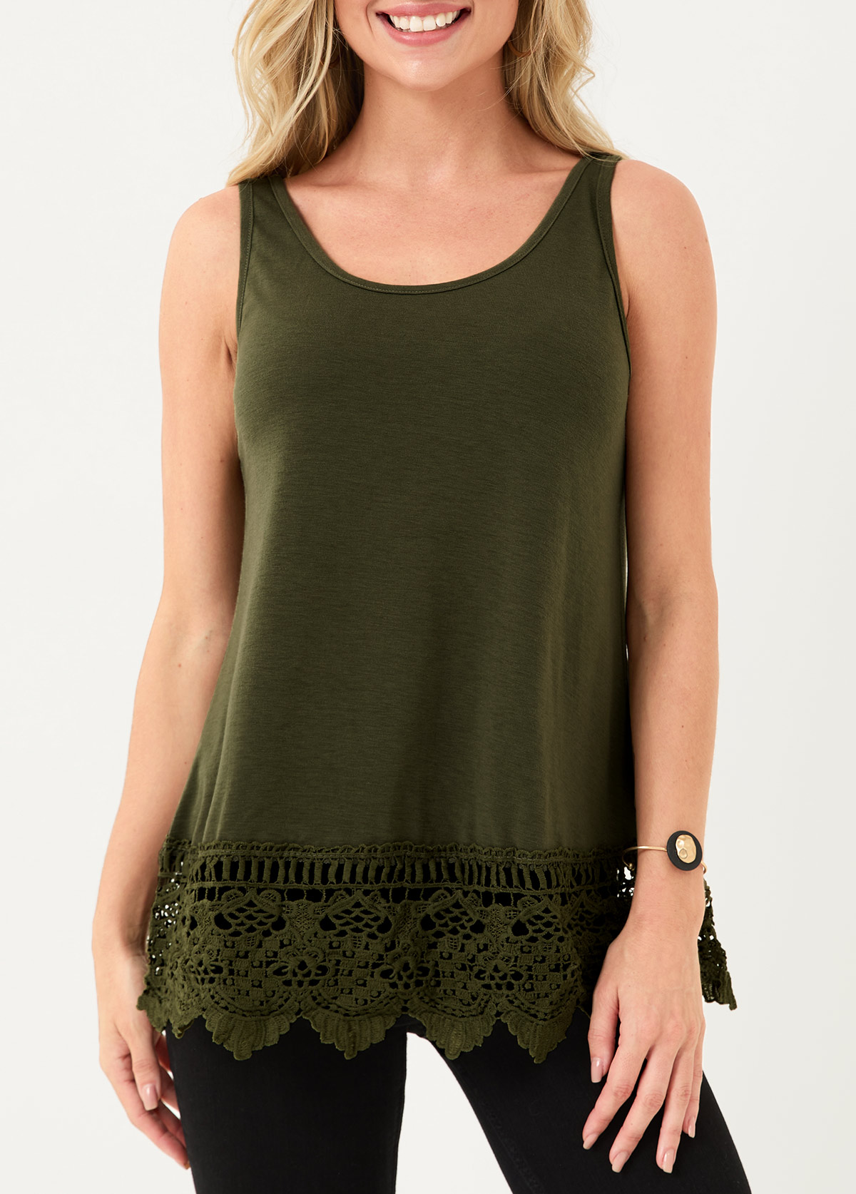 Plain Color tops,Lace Stitching Army Green Tank Top