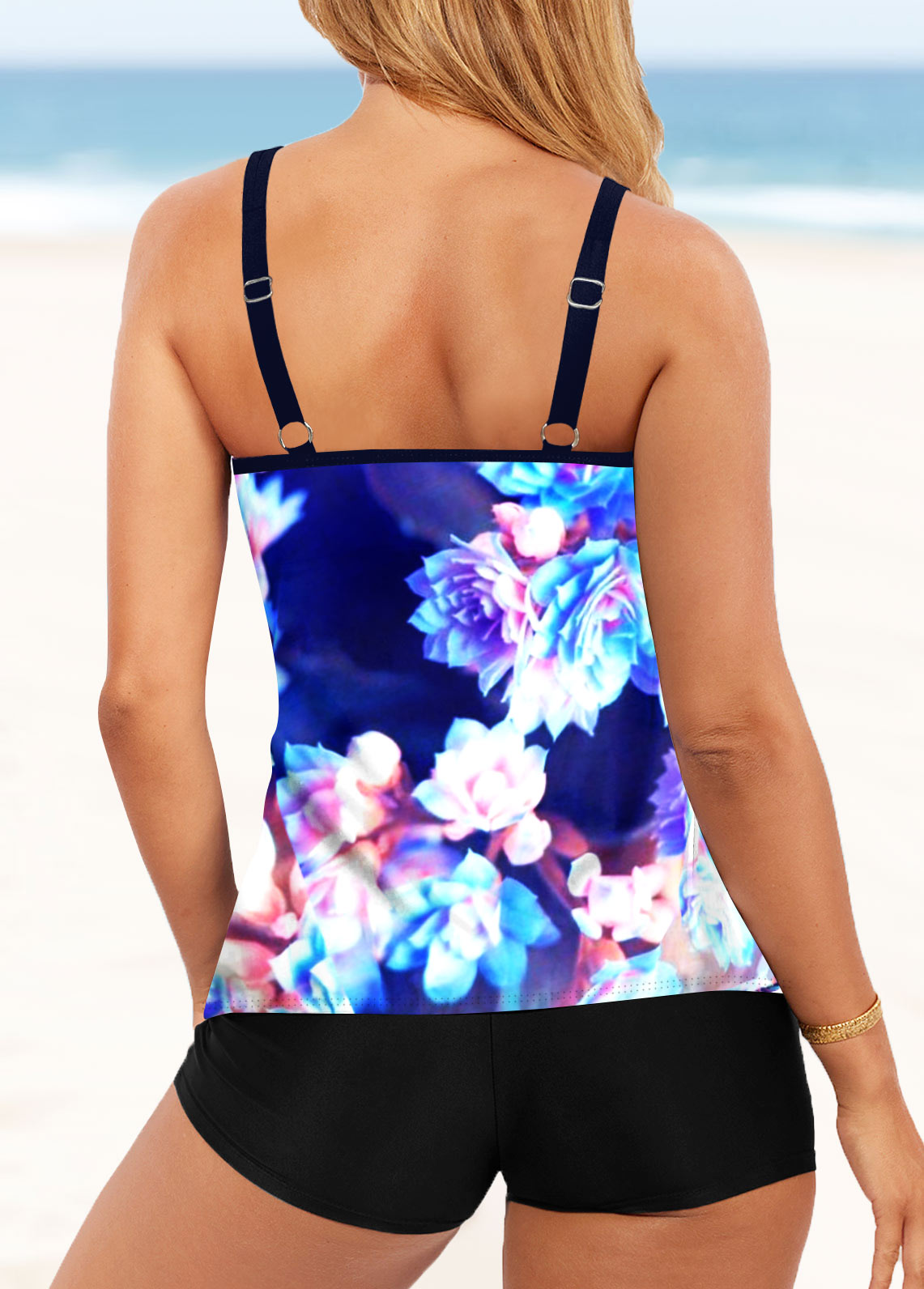 Blue swimwear,Floral swimwear,ROTITA Blue Double Straps Floral Print Tankini Top