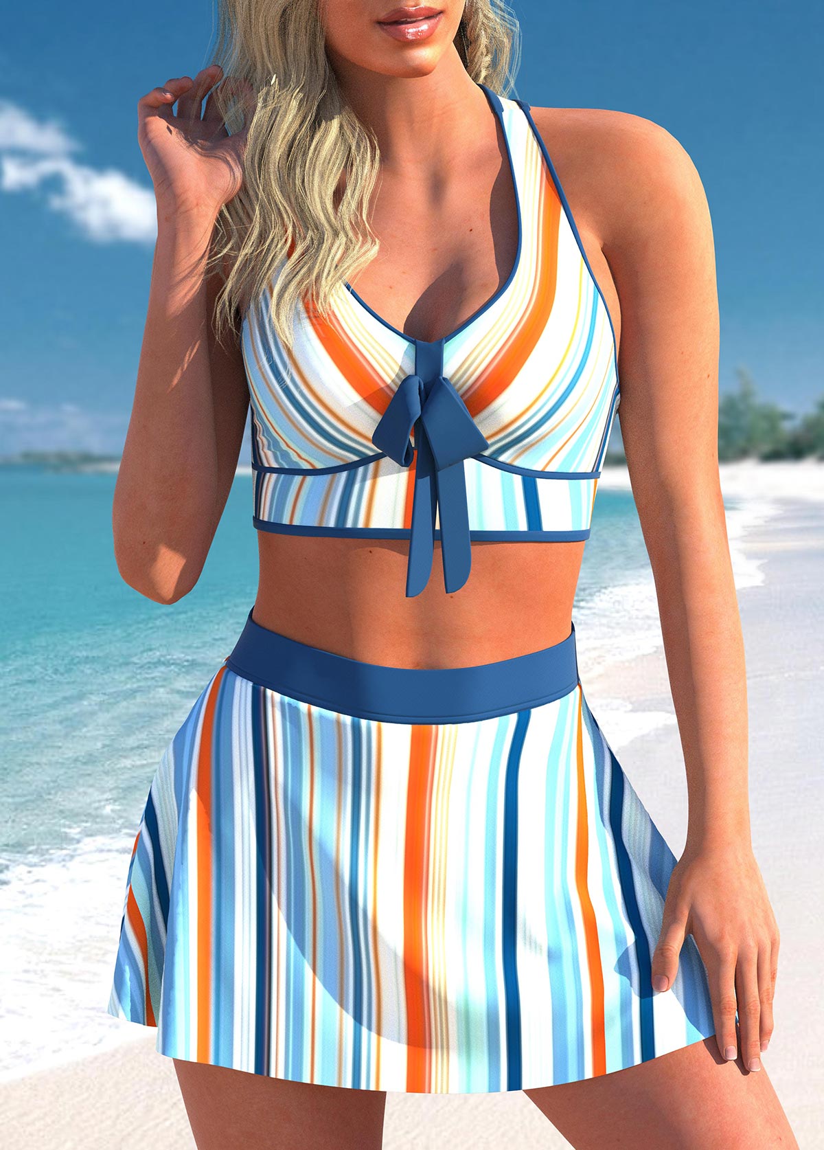 ROTITA Stripe Print High Waisted Multi Color Bikini Set