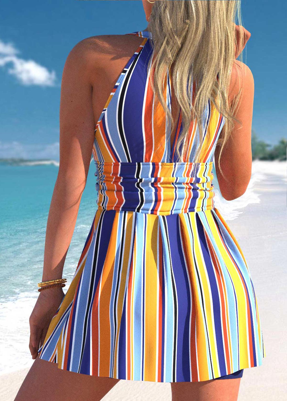 Multi Color swimwear,Striped swimwear,ROTITA Multi Color Stripe Print Swimdress Top
