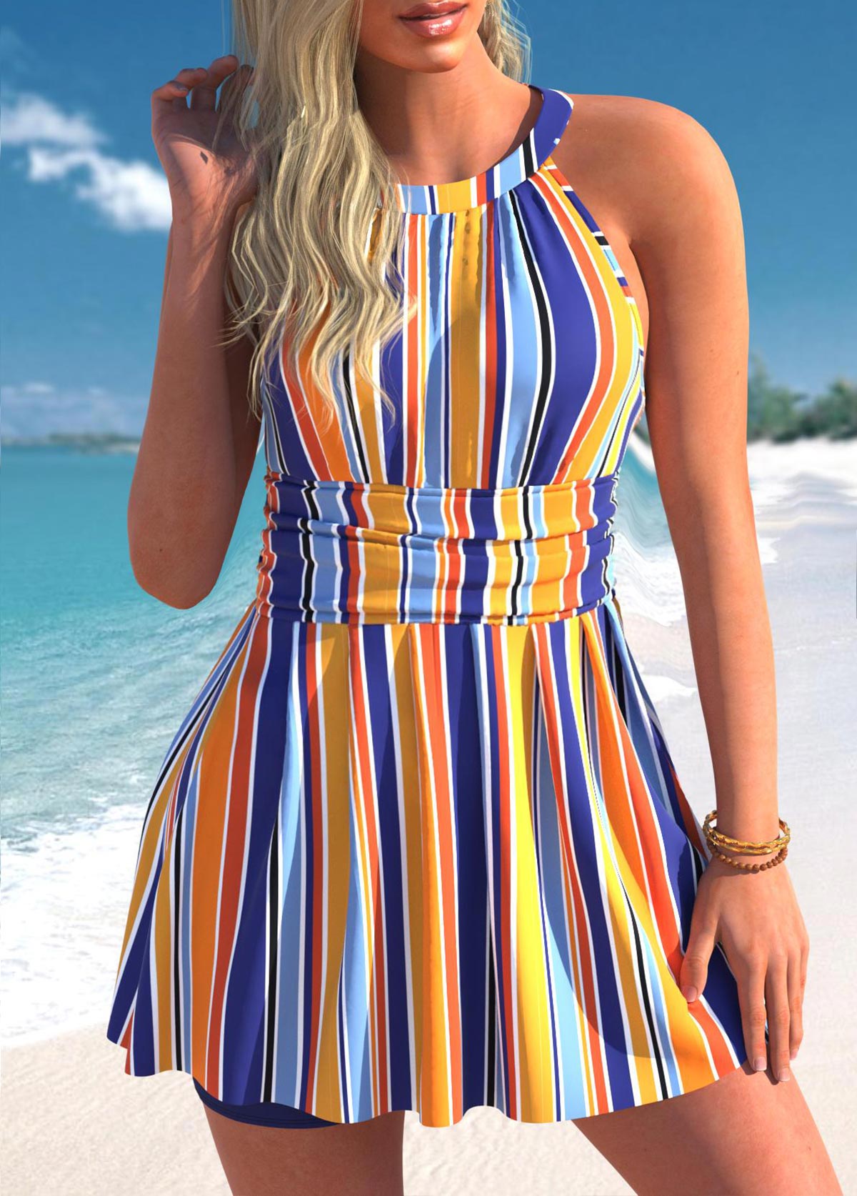Multi Color swimwear,Striped swimwear,ROTITA Multi Color Stripe Print Swimdress Top