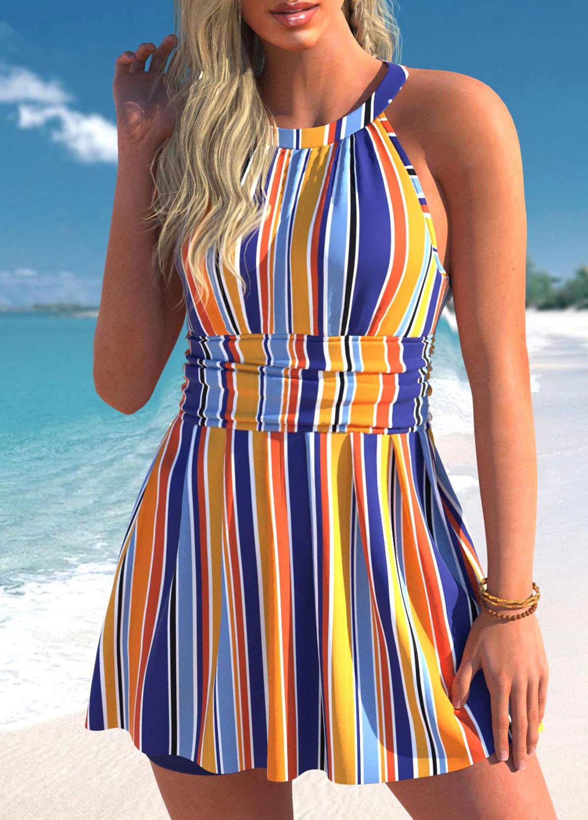 Multi Color swimwear,Striped swimwear,ROTITA Multi Color Stripe Print Swimdress Top