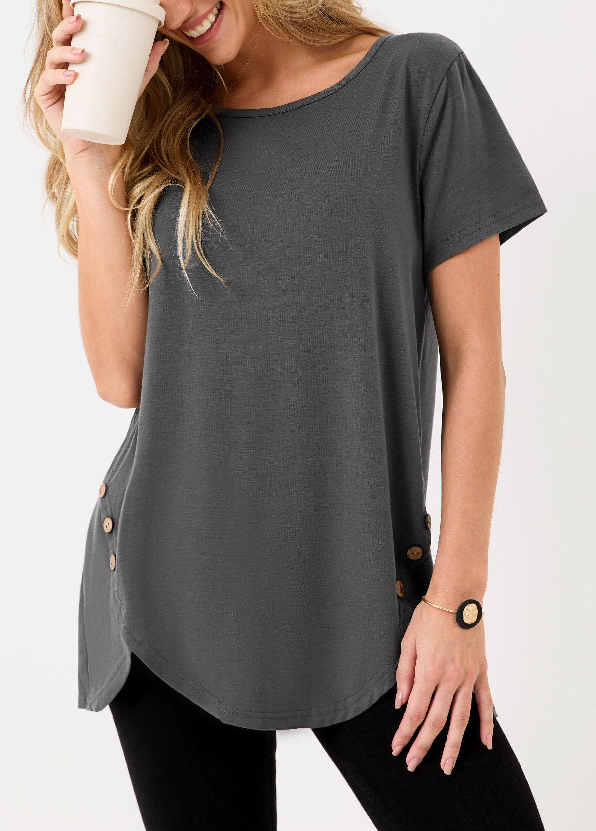 Dark Grey tops,Plain Color tops,Dark Grey Asymmetric Hem Decorative Button T Shirt