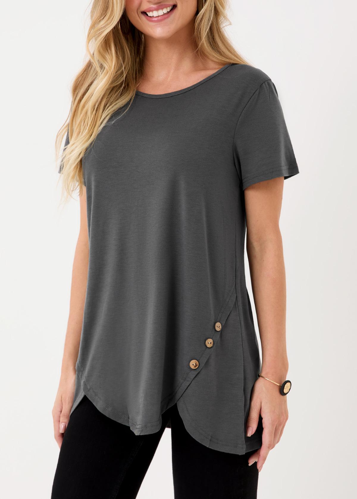 Dark Grey tops,Plain Color tops,Dark Grey Asymmetric Hem Decorative Button T Shirt