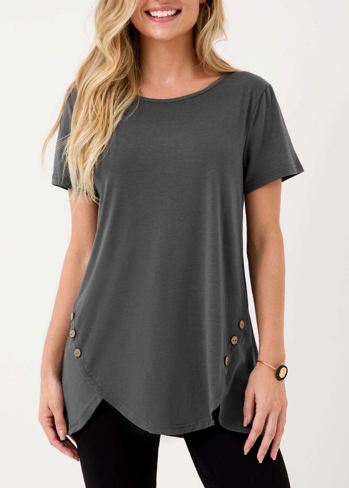 Dark Grey tops,Plain Color tops,Dark Grey Asymmetric Hem Decorative Button T Shirt