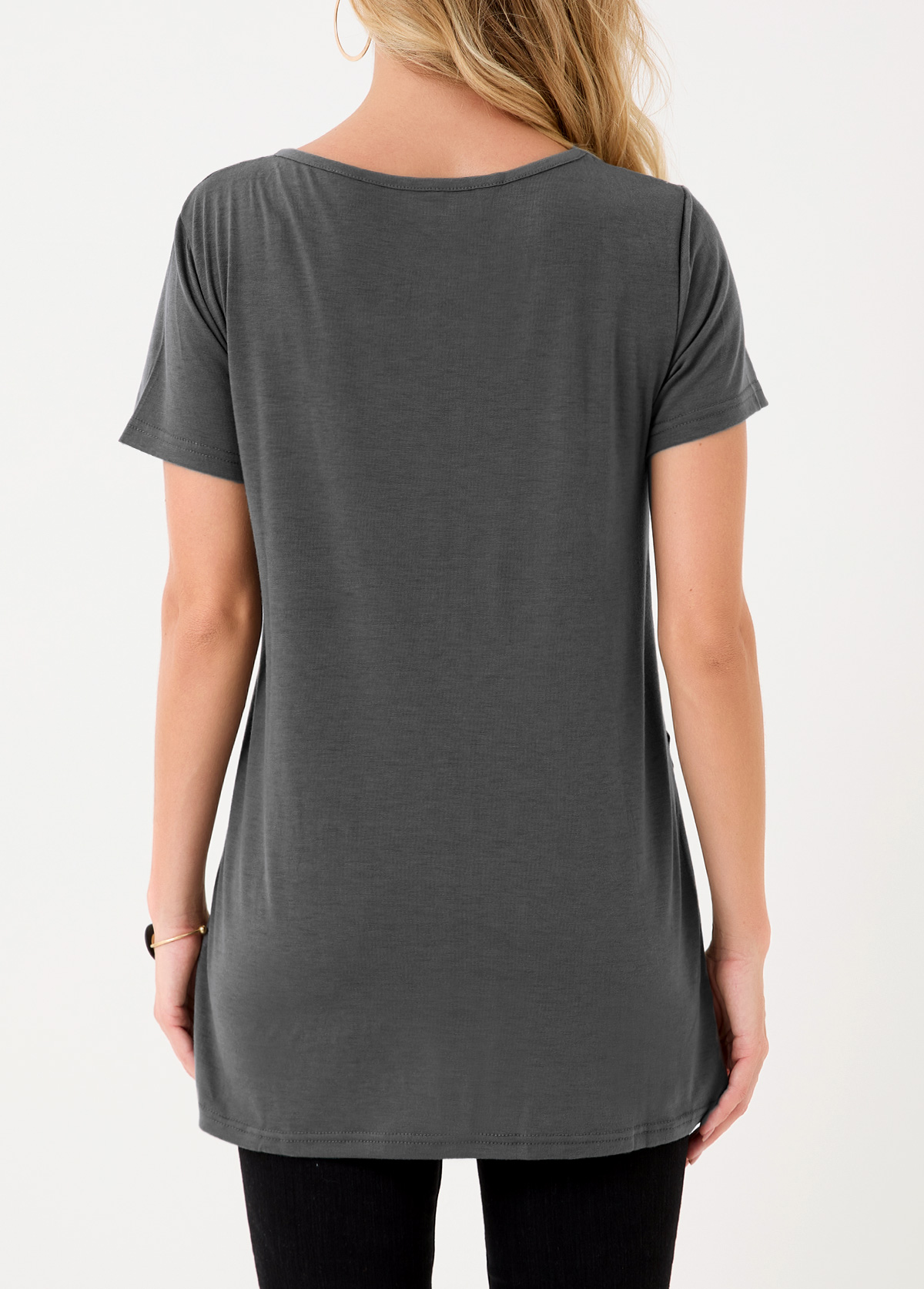 Dark Grey tops,Plain Color tops,Dark Grey Asymmetric Hem Decorative Button T Shirt