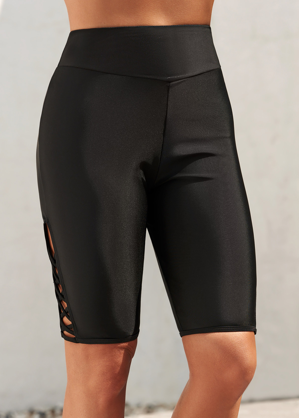 Black swimwear,Plain Color swimwear,High Waisted Black Cross Strap Swim Shorts