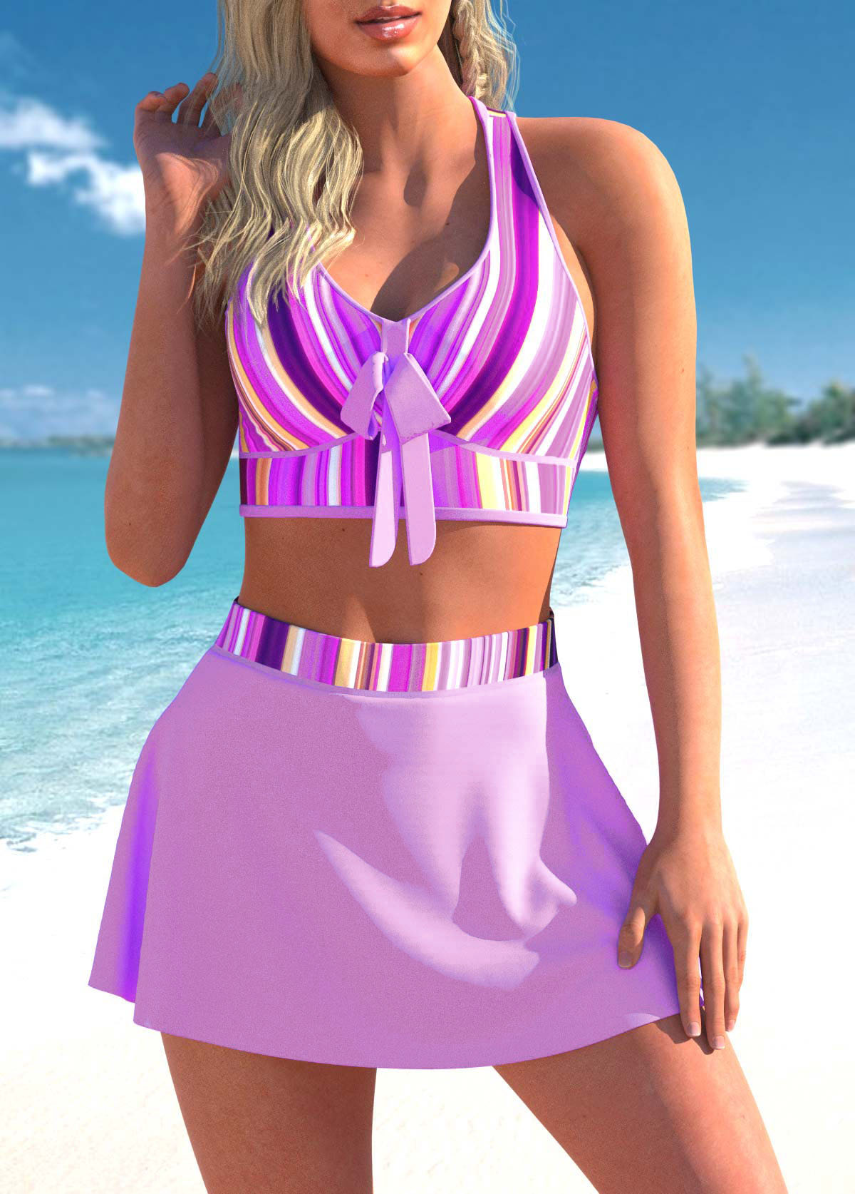 ROTITA Light Purple Striped High Waisted Bikini Set