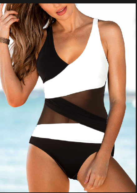 White swimwear,Geometric swimwear,ROTITA White Contrast Mesh Stitching One Piece Swimwear