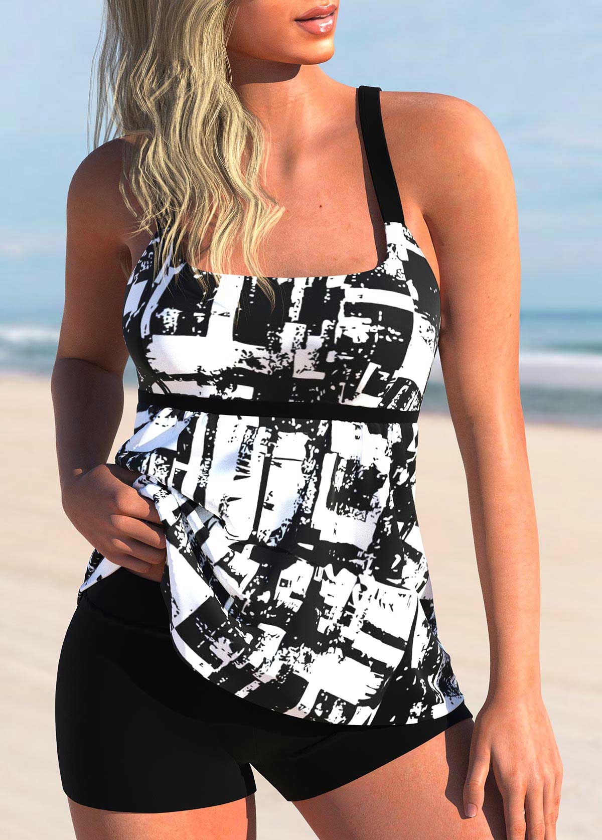 ROTITA Textured Print Black Contrast Tankini Top-No Bottom