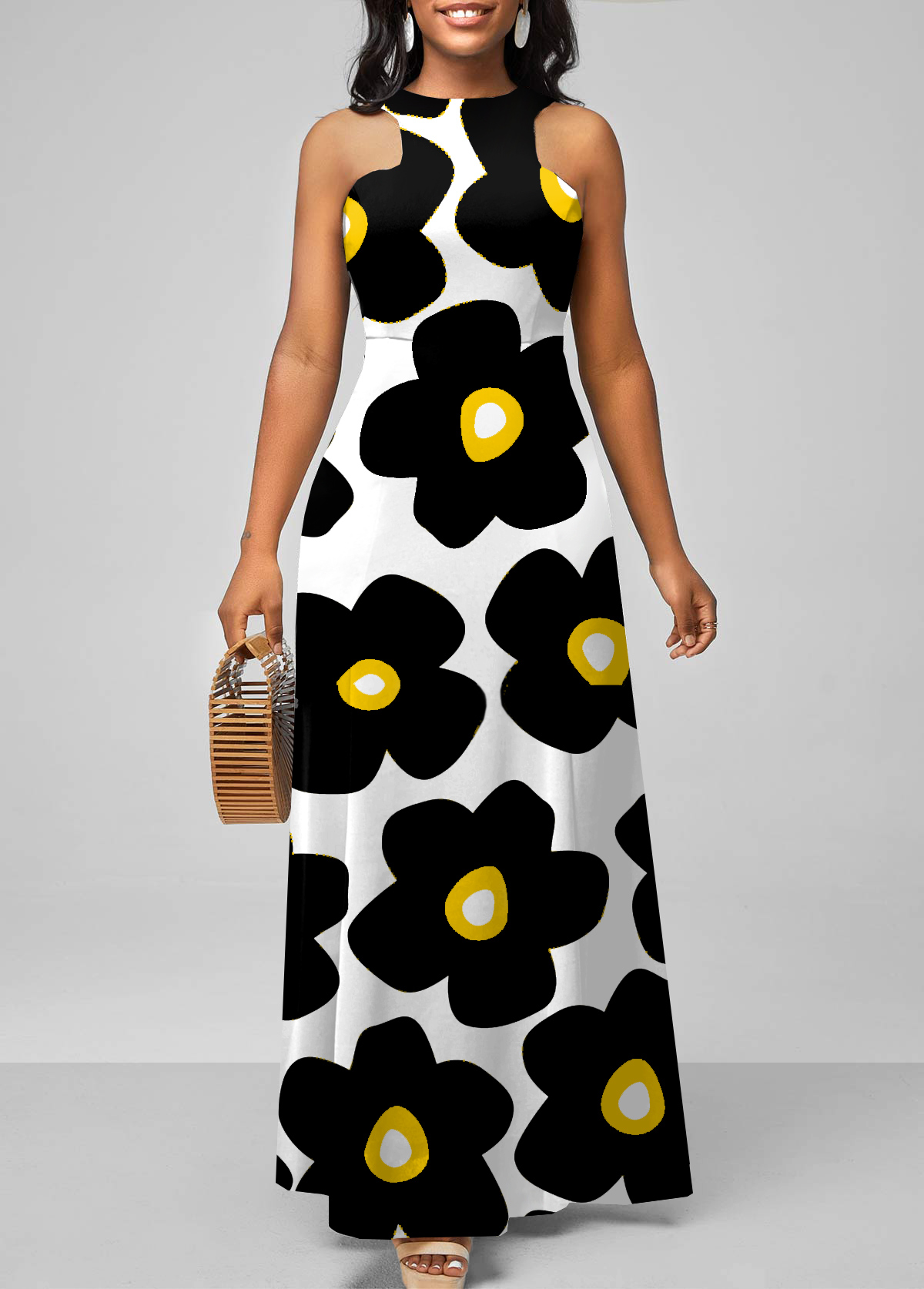 Floral dresses,ROTITA Bib Neck Floral Print Sleeveless Maxi Dress