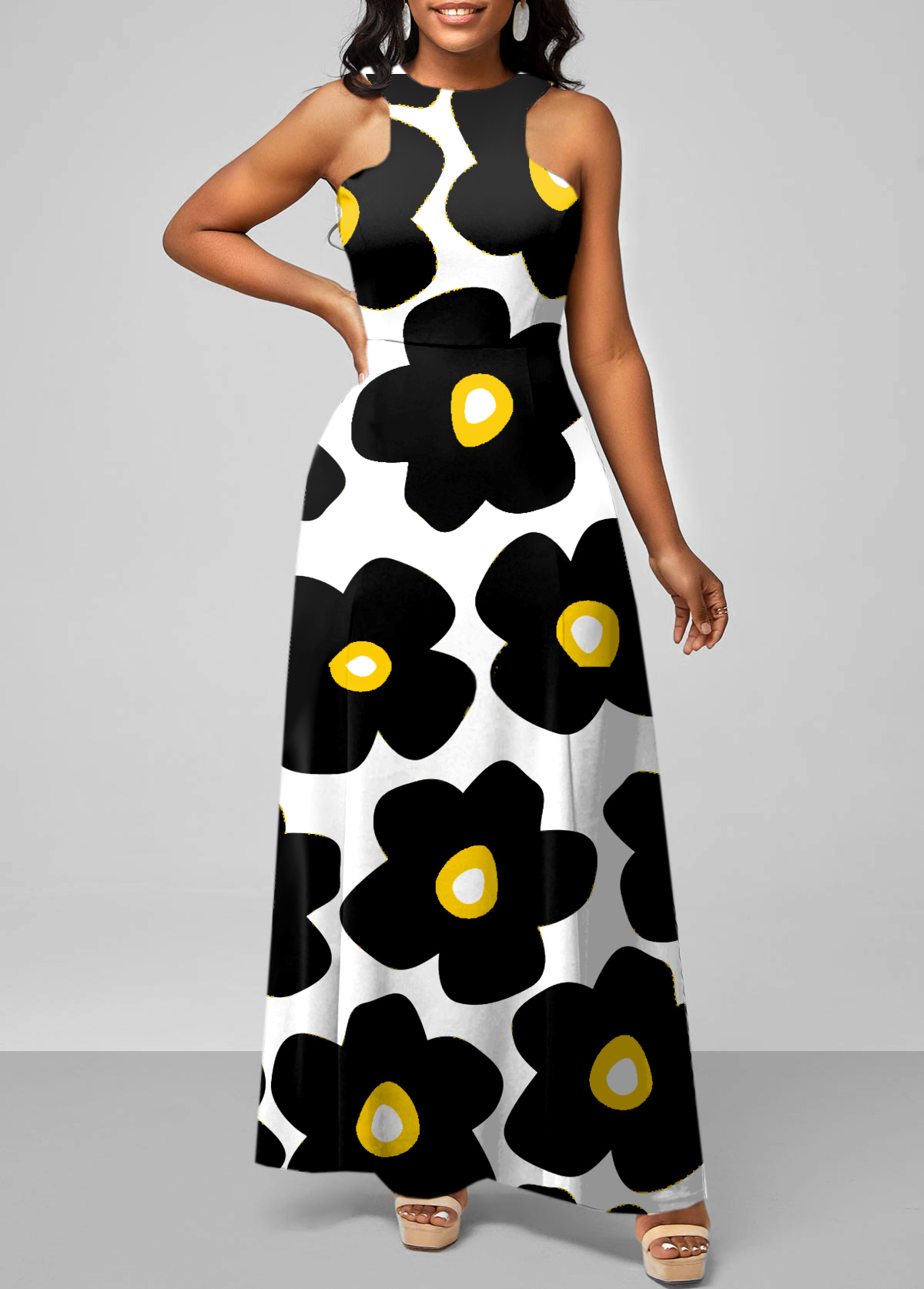 Floral dresses,ROTITA Bib Neck Floral Print Sleeveless Maxi Dress
