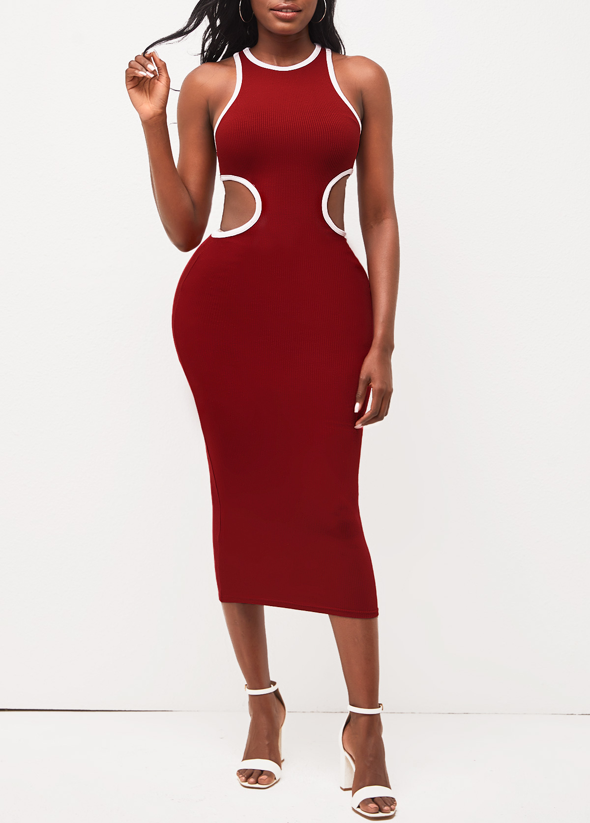Wine Red Cutout Round Neck Sleeveless Dress
