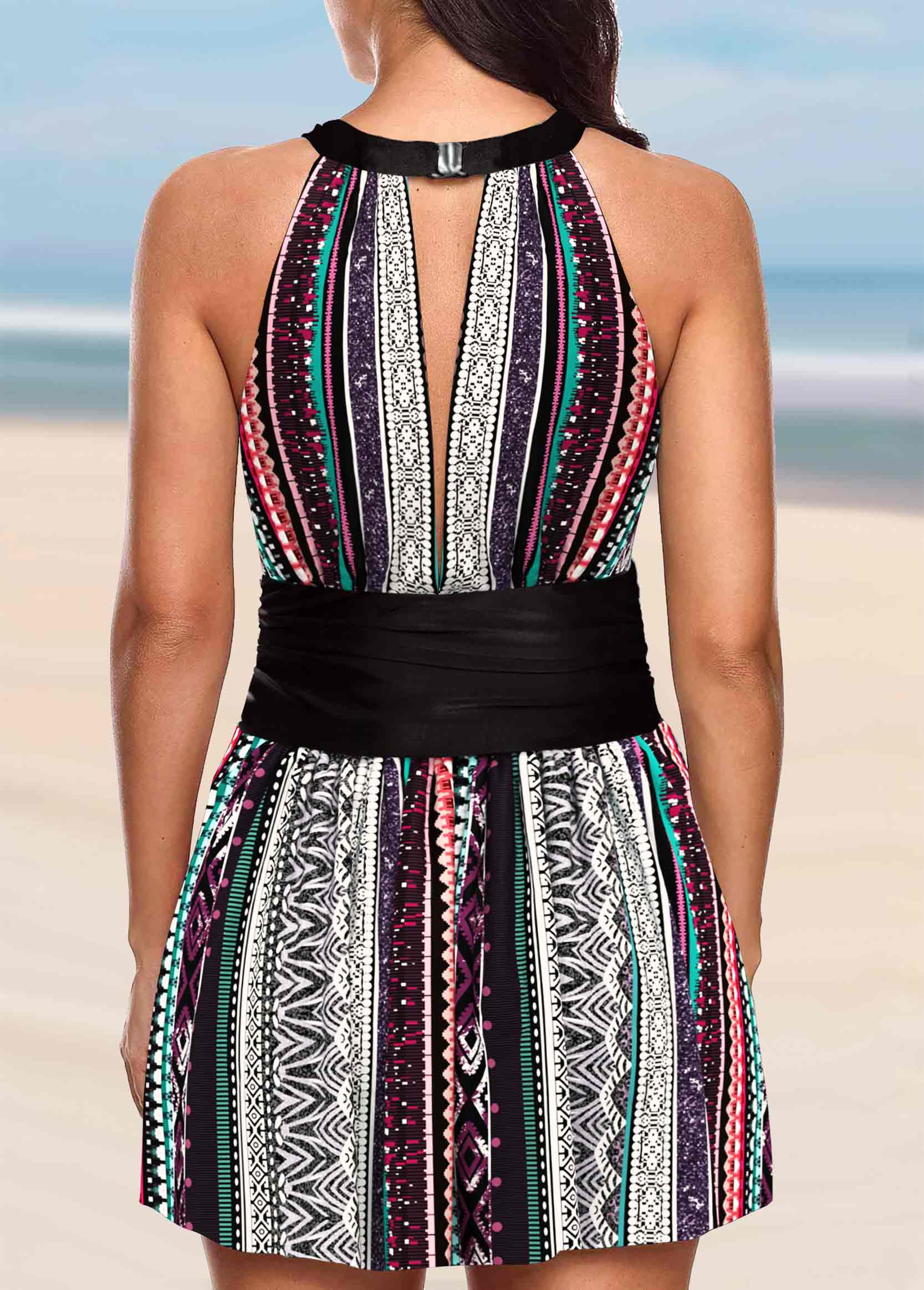 Multi Color swimwear,Striped swimwear,ROTITA Bib Neck Asymmetric Striped Swimdress Top