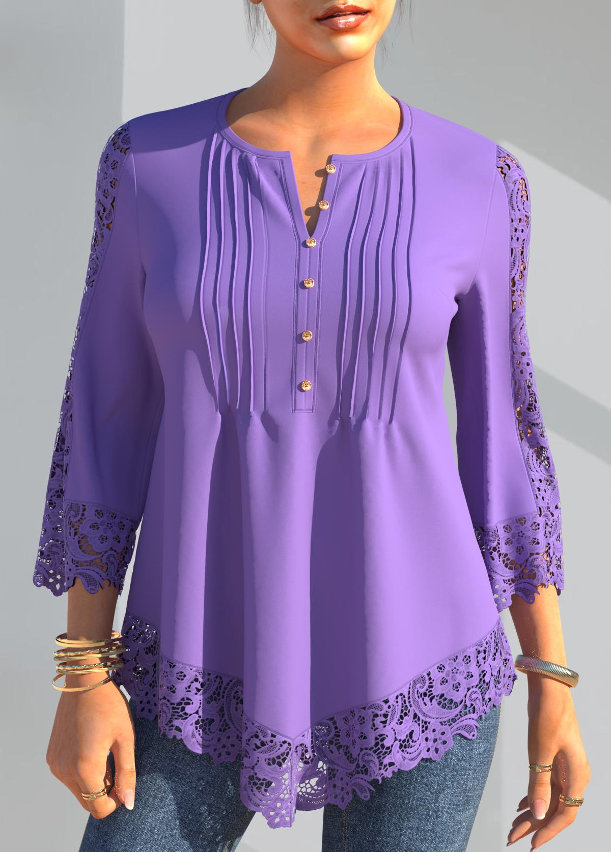 Light Purple tops,Plain Color tops,ROTITA Light Purple Lace Panel Crinkle Chest Blouse