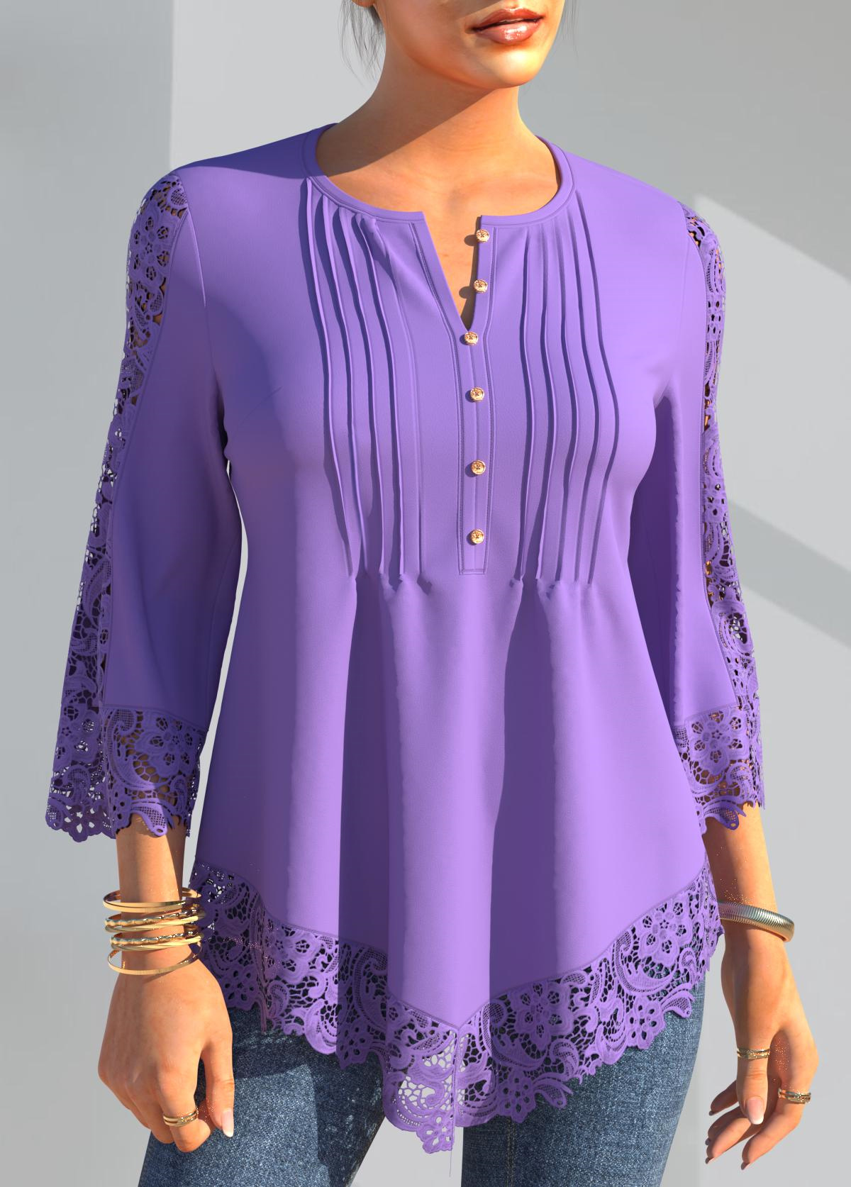 Light Purple tops,Plain Color tops,ROTITA Light Purple Lace Panel Crinkle Chest Blouse