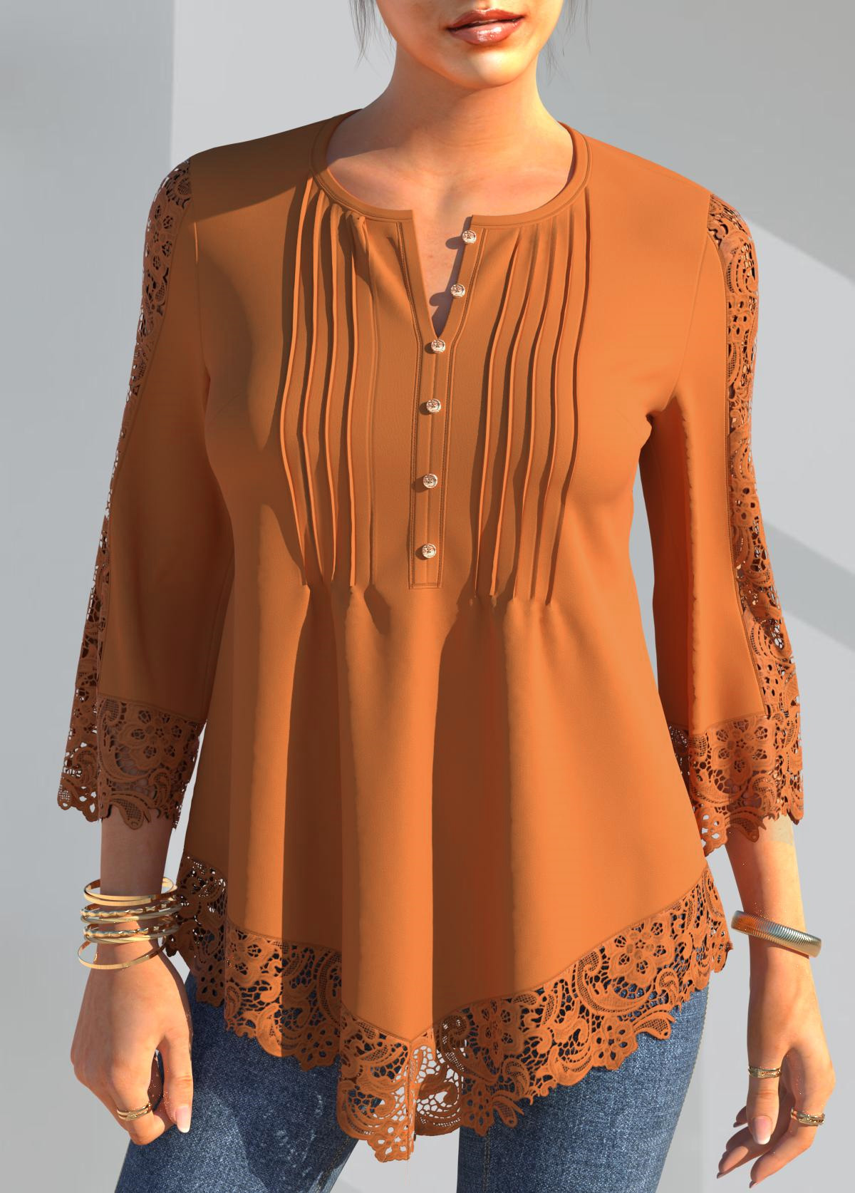 Orange tops,Plain Color tops,ROTITA Lace Panel Crinkle Chest Coral Orange Blouse