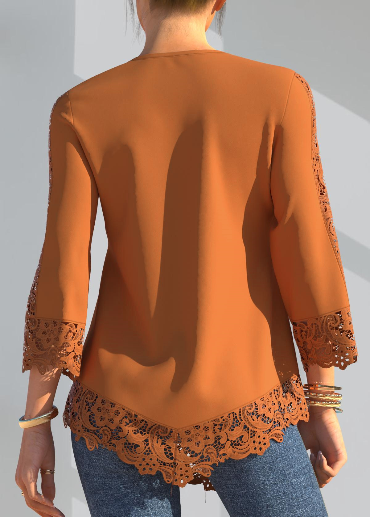 Orange tops,Plain Color tops,ROTITA Lace Panel Crinkle Chest Coral Orange Blouse