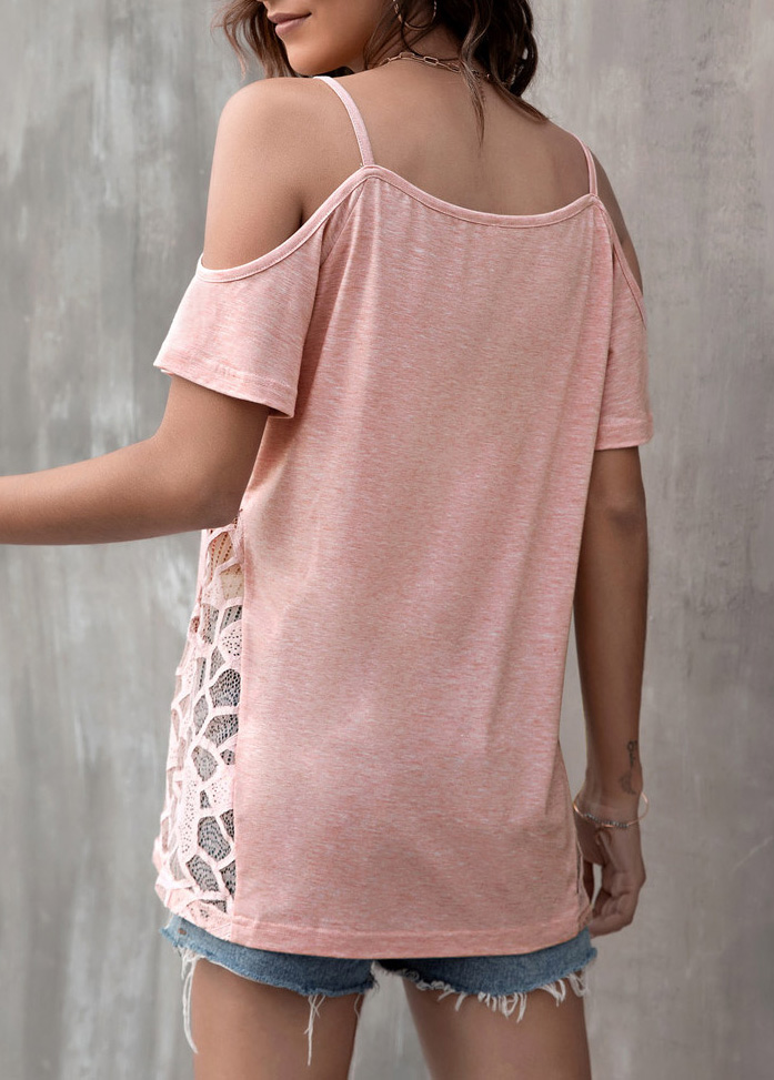 Light Pink tops,Plain Color tops,Cold Shoulder Light Pink Lace Patchwork T Shirt