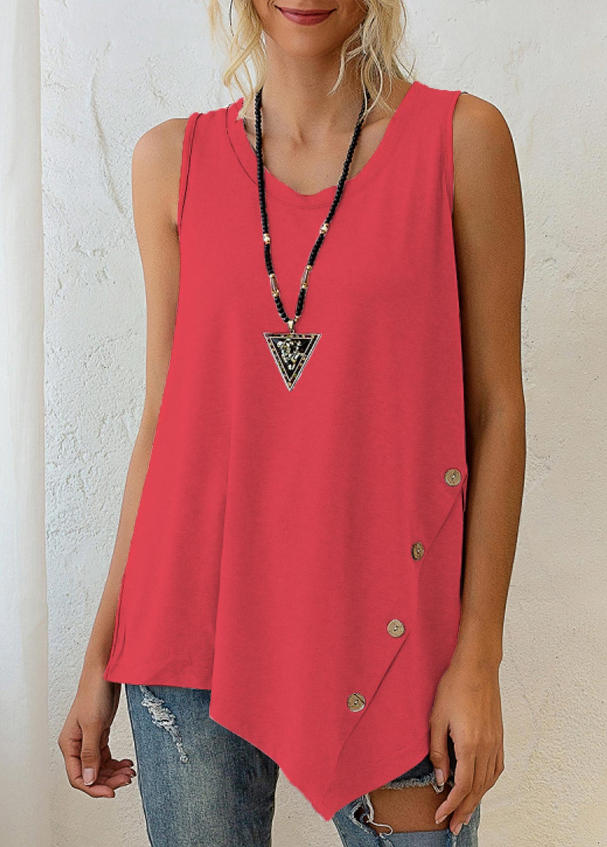 ROTITA Asymmetric Hem Coral Red Decorative Button Tank Top