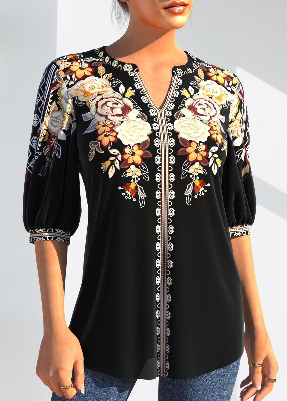 Black tops,Floral tops,ROTITA Floral Tribal Print Split Neck Black Blouse