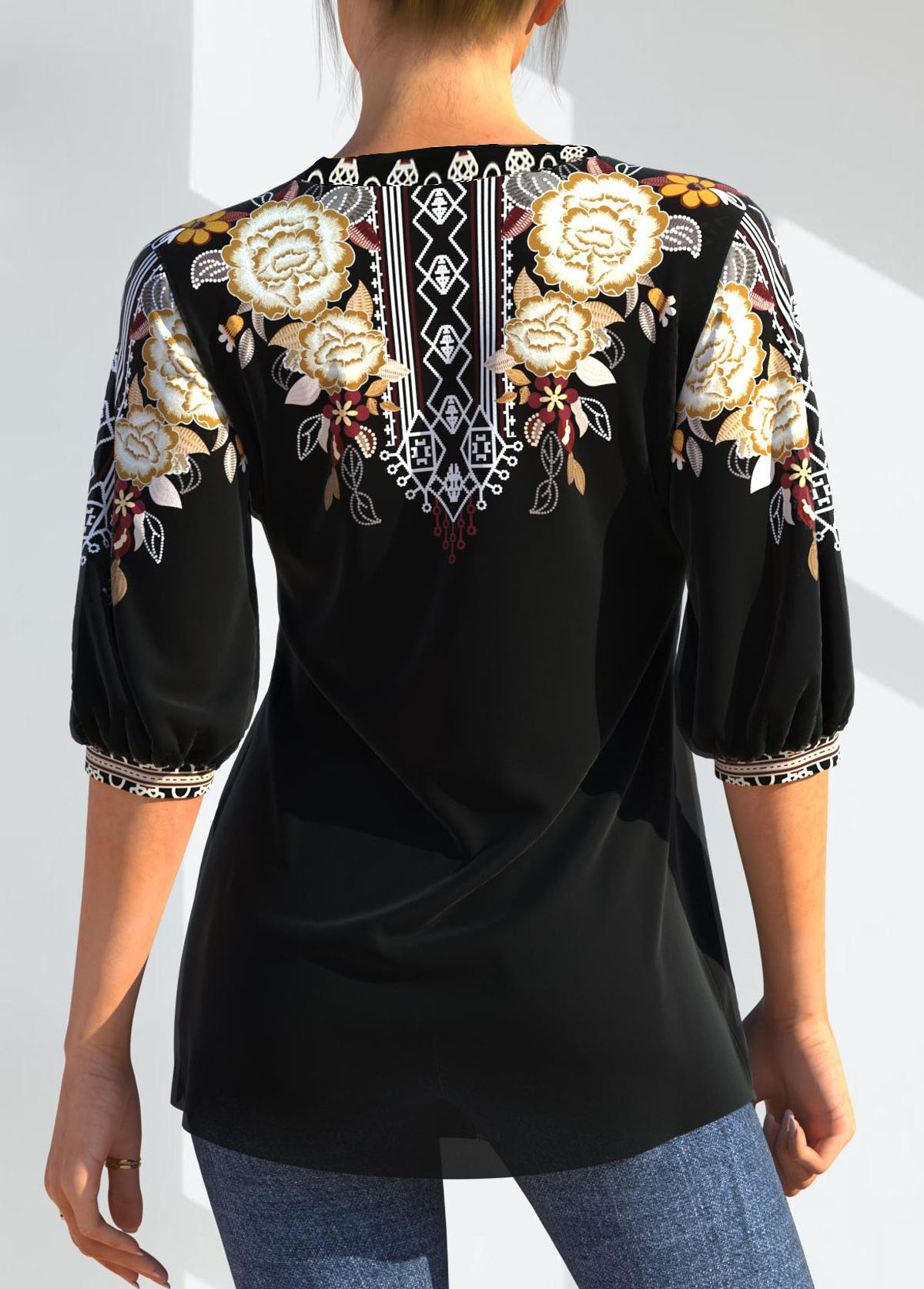Black tops,Floral tops,ROTITA Floral Tribal Print Split Neck Black Blouse