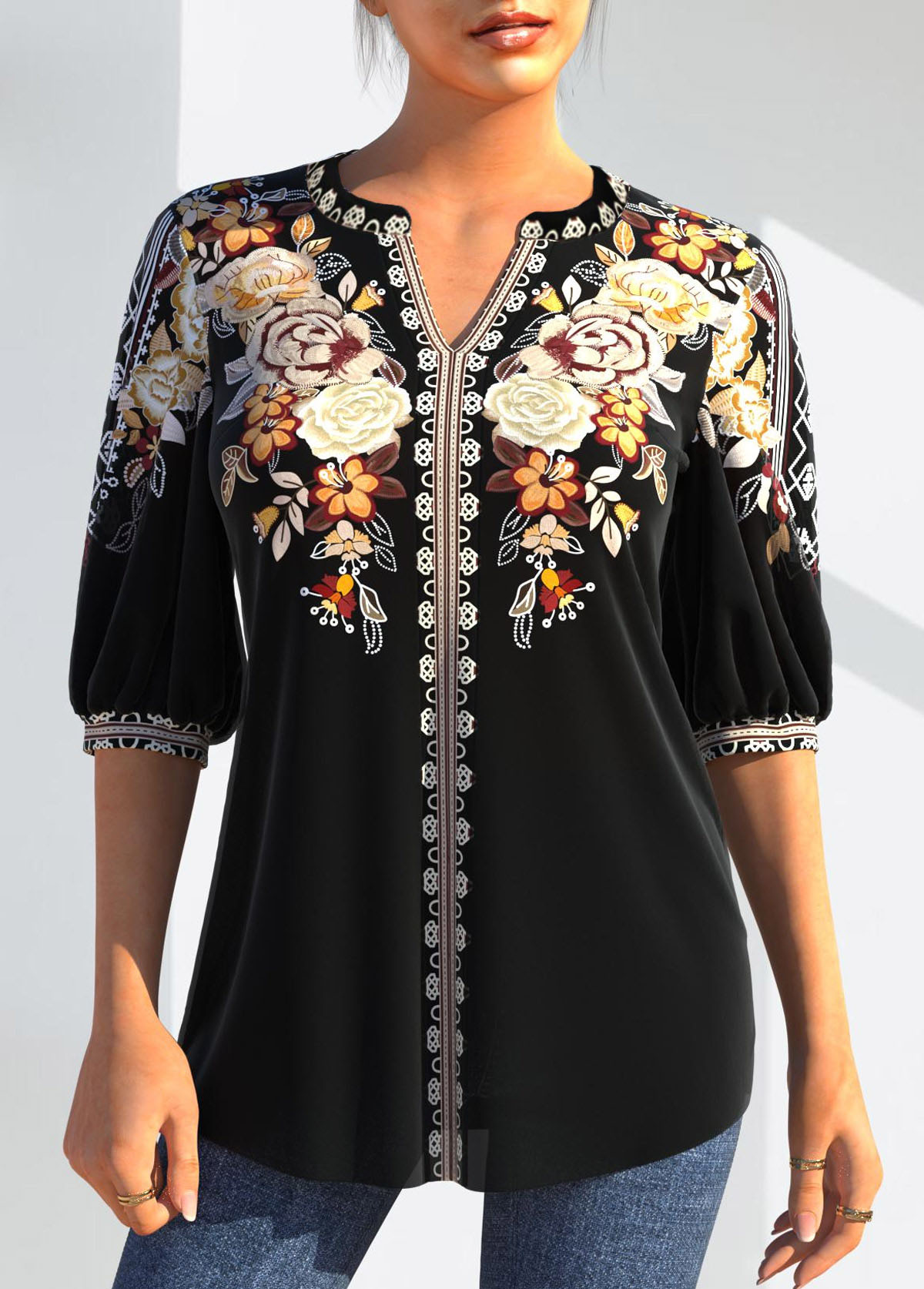 Black tops,Floral tops,ROTITA Floral Tribal Print Split Neck Black Blouse