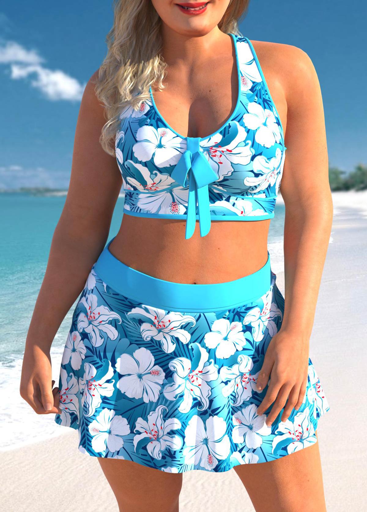 Cyan plus size,Floral plus size,ROTITA Floral Print Plus Size Cyan High Waisted Bikini Set
