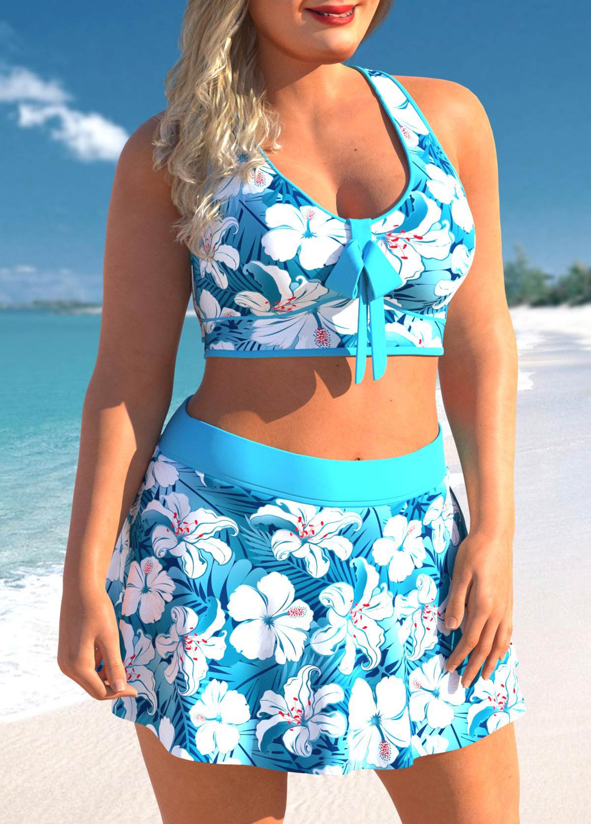 Cyan plus size,Floral plus size,ROTITA Floral Print Plus Size Cyan High Waisted Bikini Set