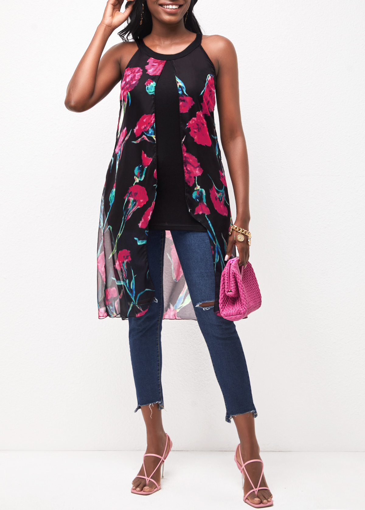 Hot Pink tops,Floral tops,Hot Pink Chiffon Sleeveless Floral Print Blouse