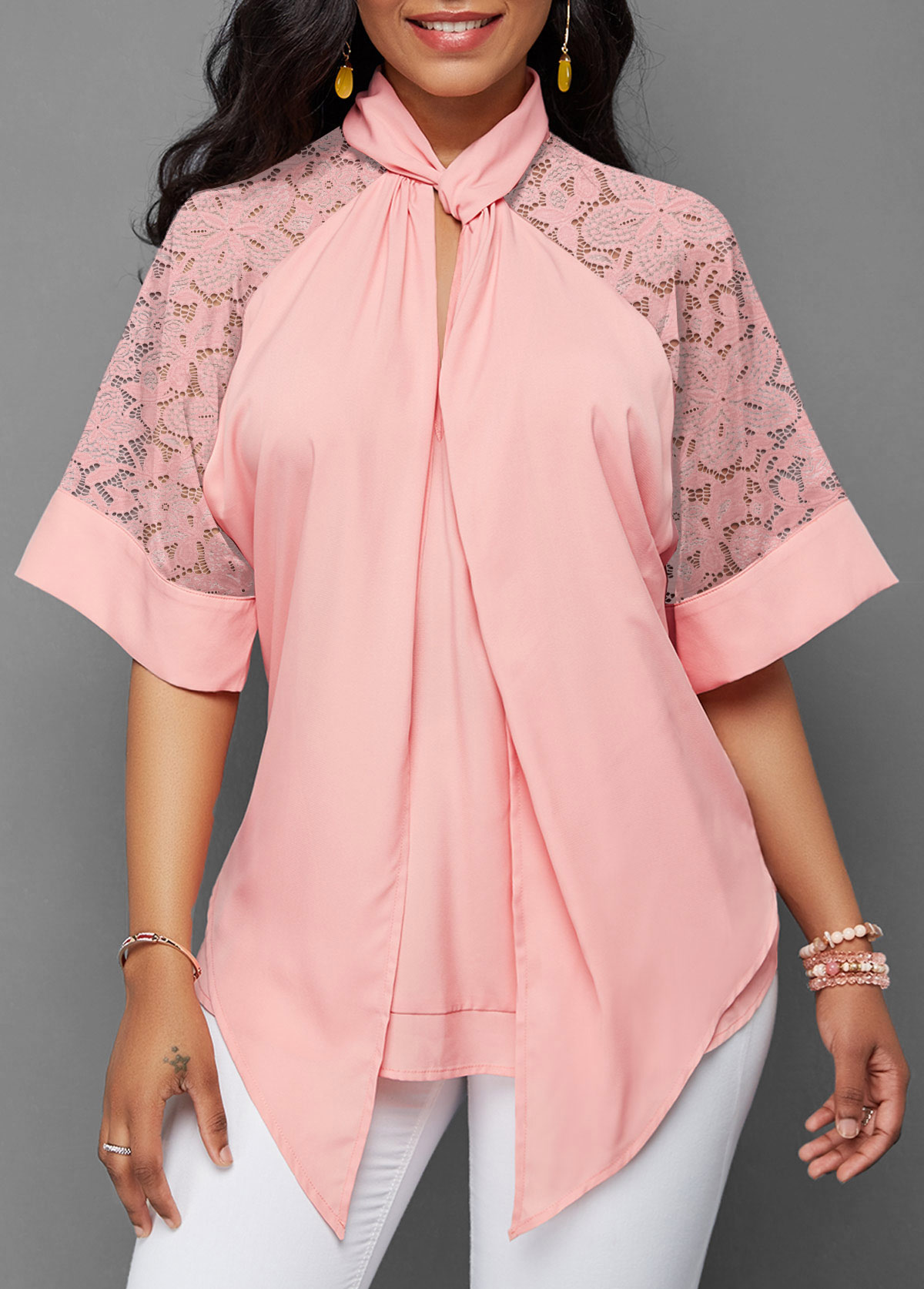 Pink tops,Plain Color tops,ROTITA Lace Stitching Pink Asymmetric Hem Blouse