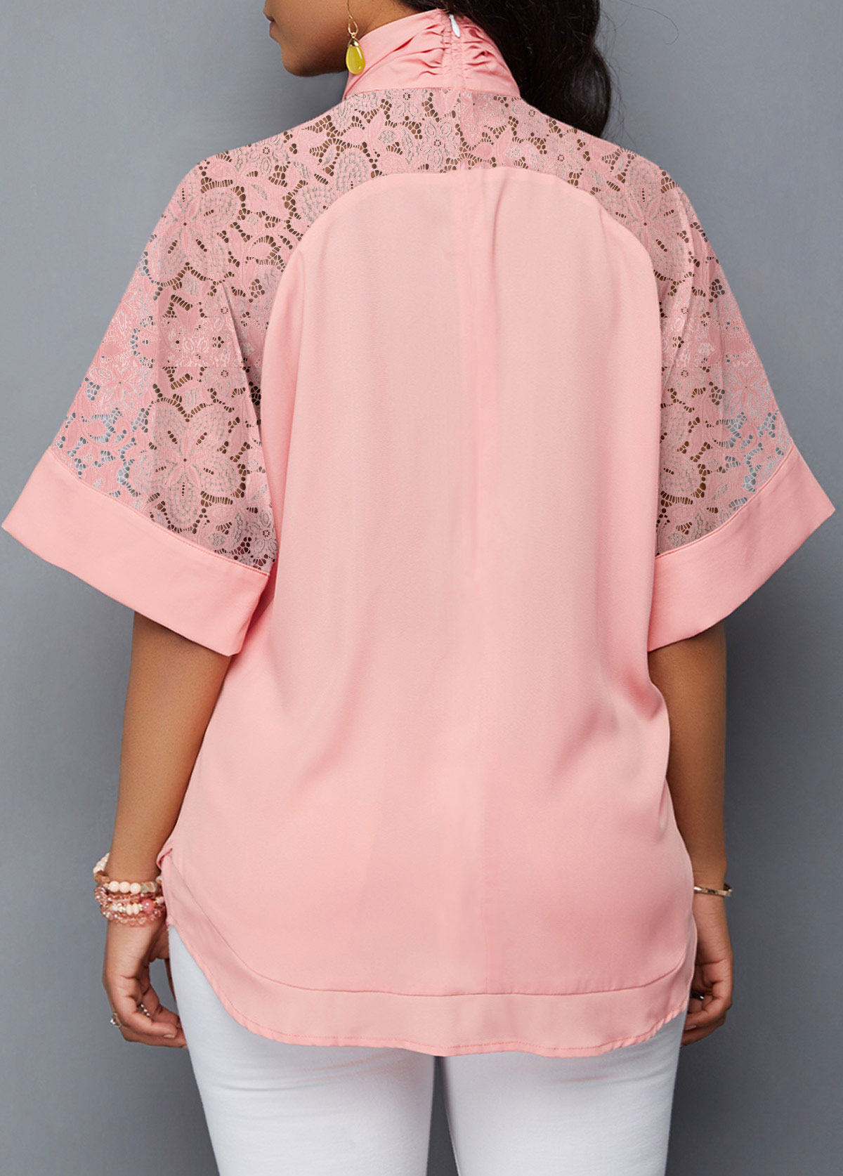 Pink tops,Plain Color tops,ROTITA Lace Stitching Pink Asymmetric Hem Blouse