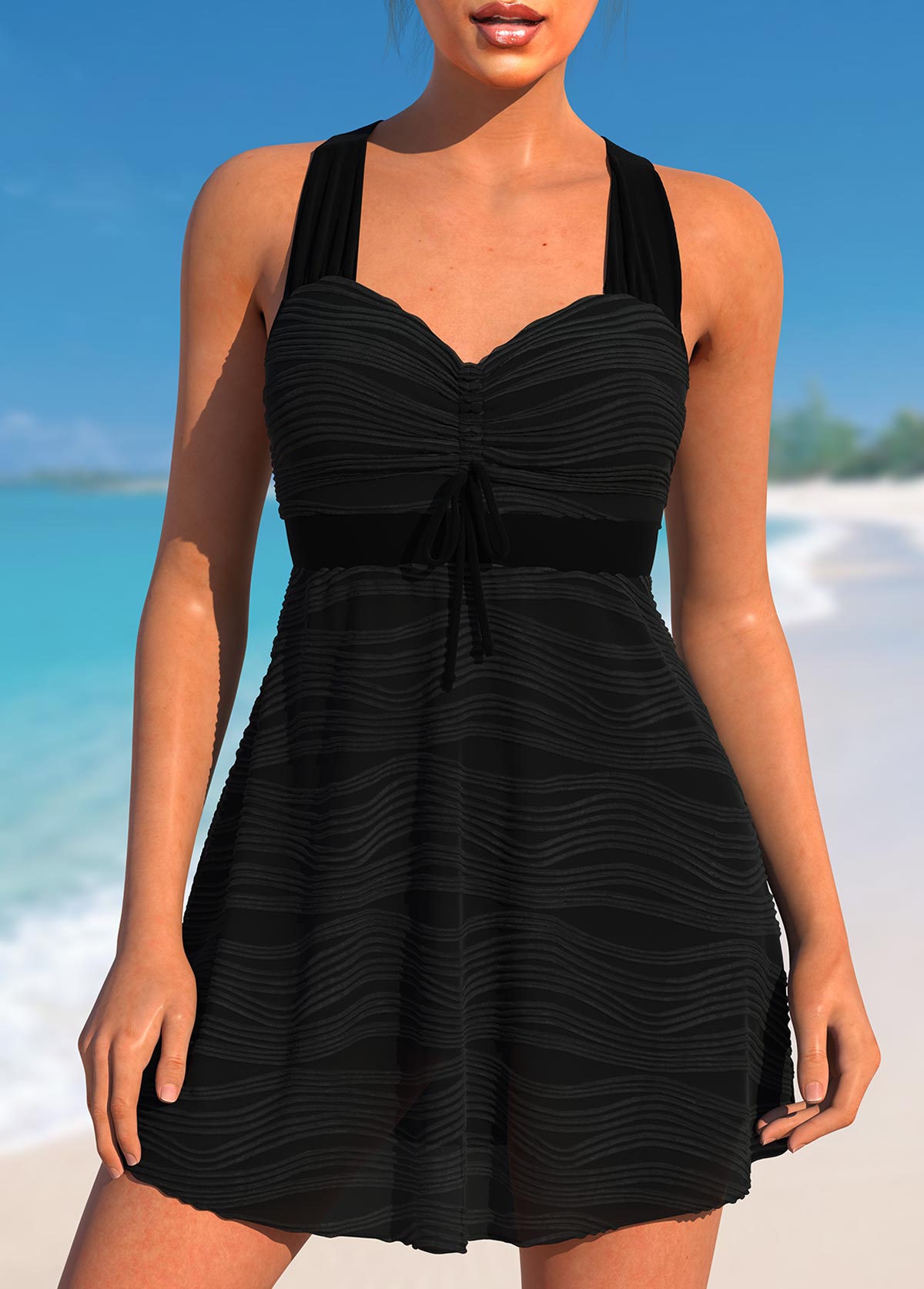 Cross Strap Wave Mesh Black Swimdress Set