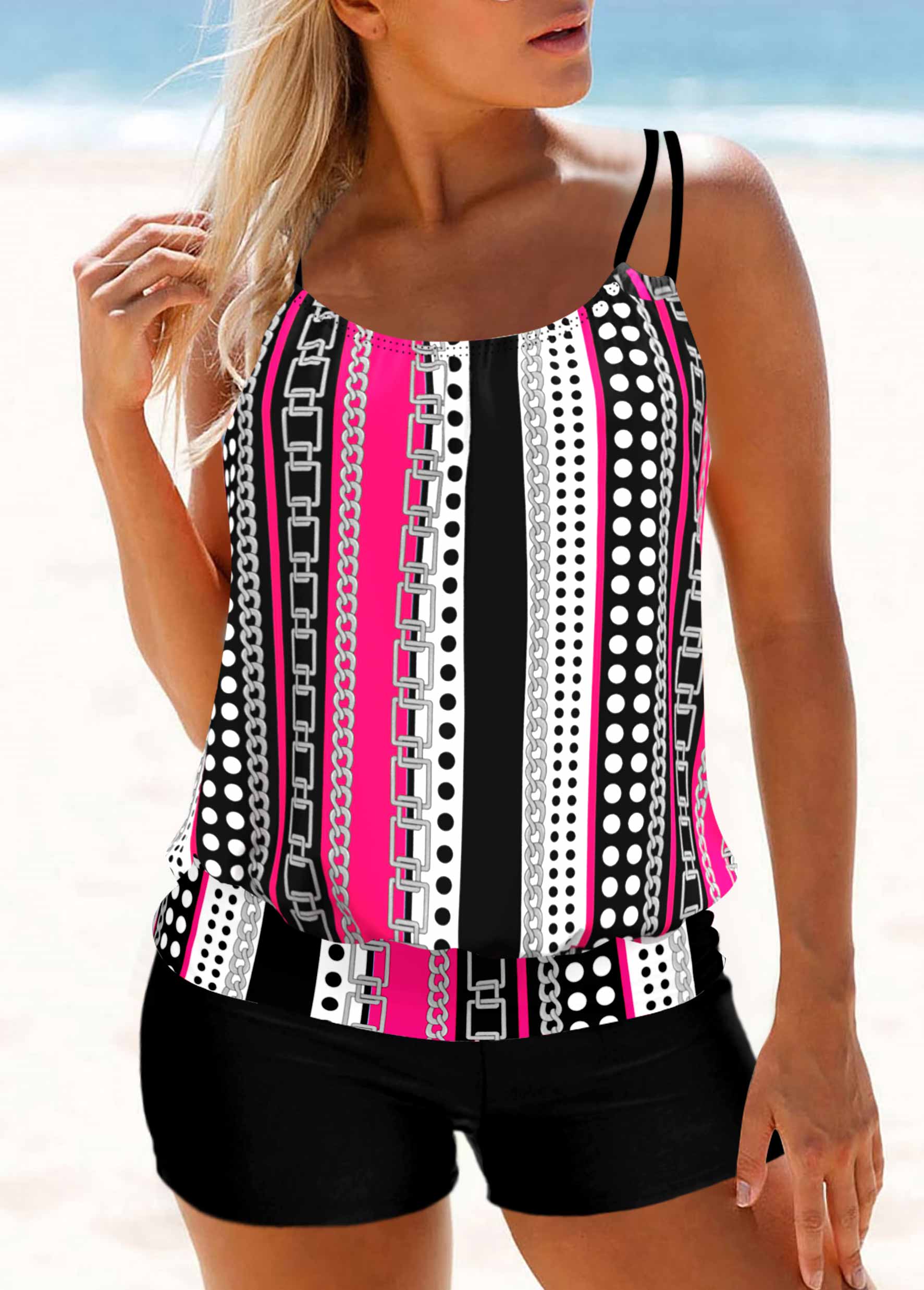 ROTITA Hot Pink Double Straps Polka Dot Tankini Top-No Bottom