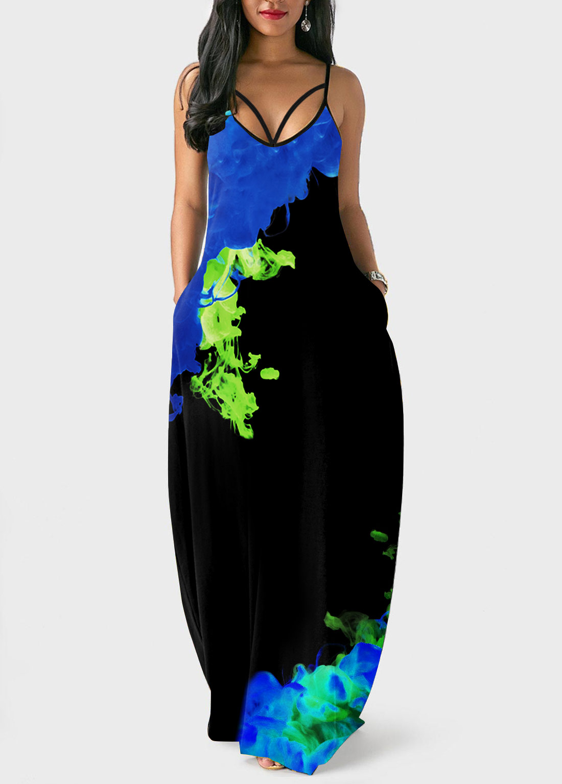 Blue dresses,Graphic dresses,ROTITA Blue Spaghetti Strap Printed Double Side Pockets Dress