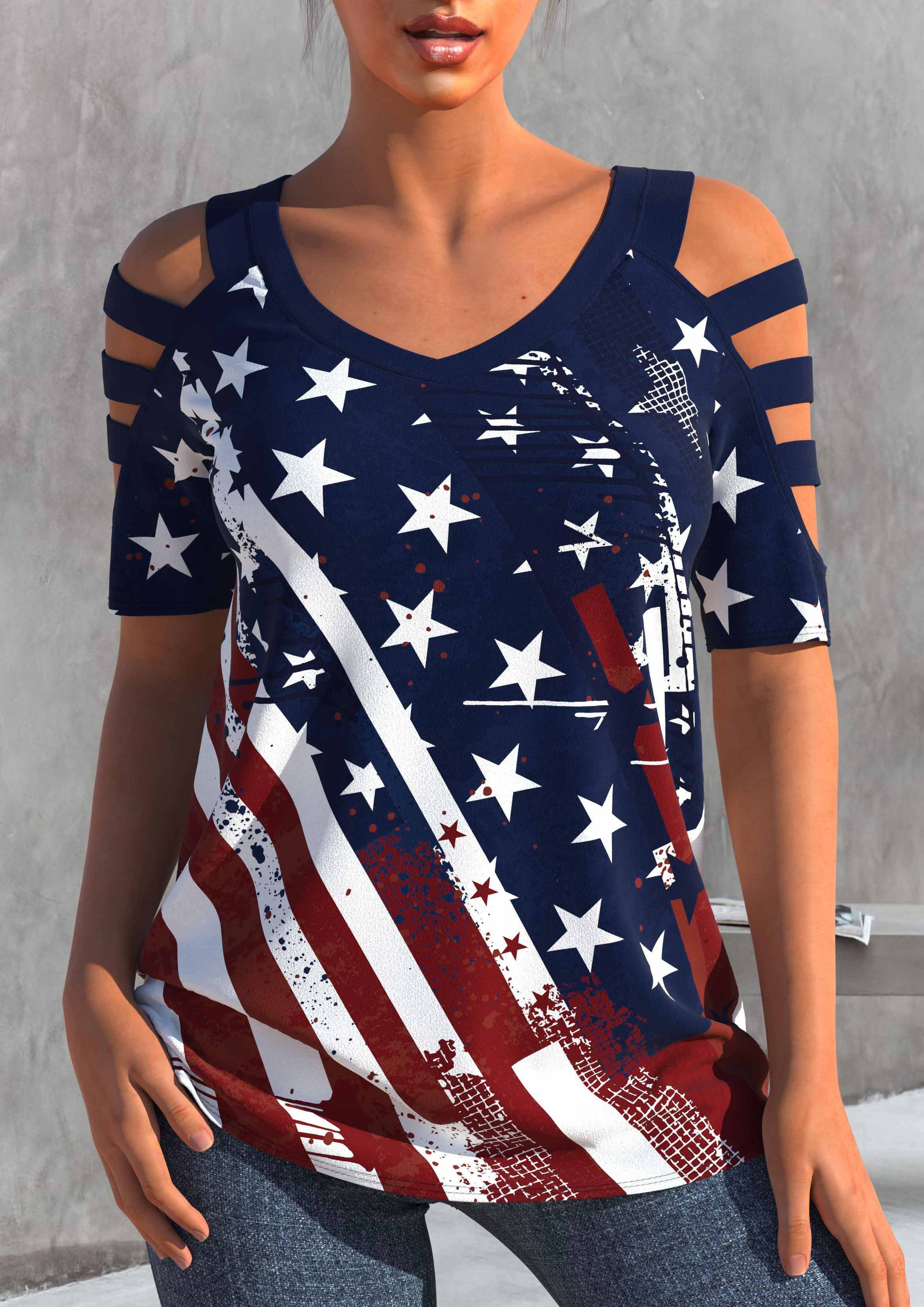 ROTITA Navy Blue American Flag Print T Shirt